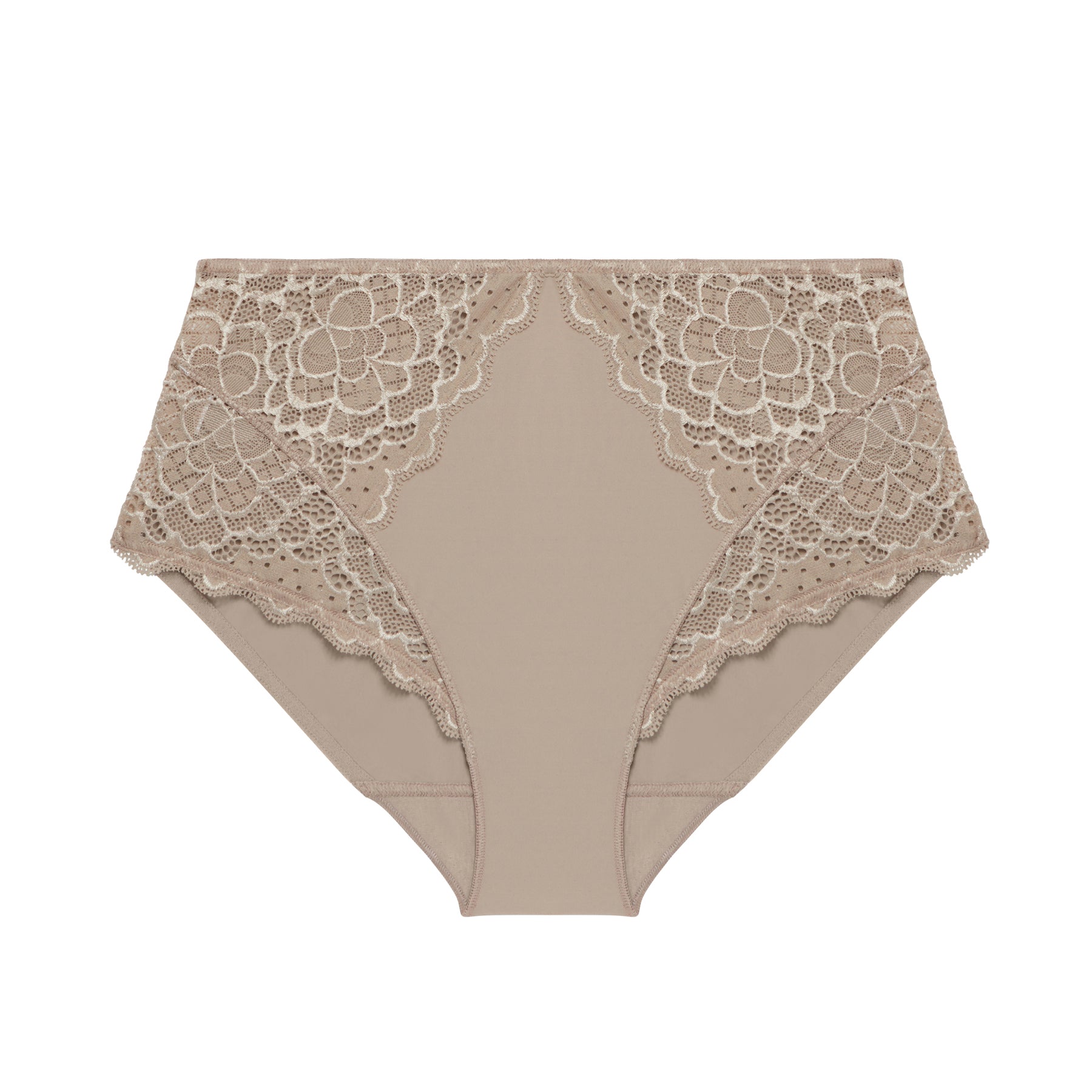 A flat layout of the grey/nude full brief panty on a white background.