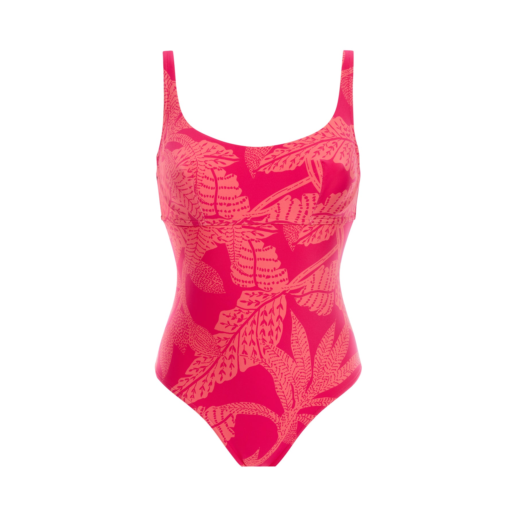 A pink printed floral one-piece swimsuit pack-shot on white background.