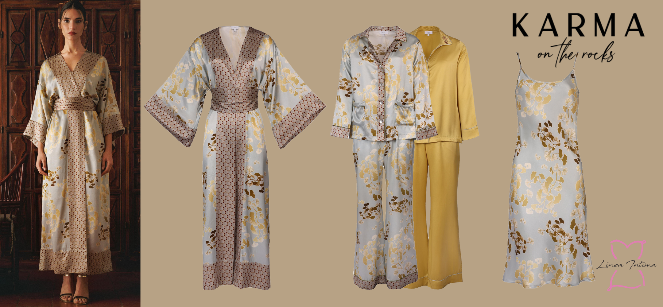 Karma on the rocks silk pyjamas, chemise, kimono robe, and model wearing matching robe.