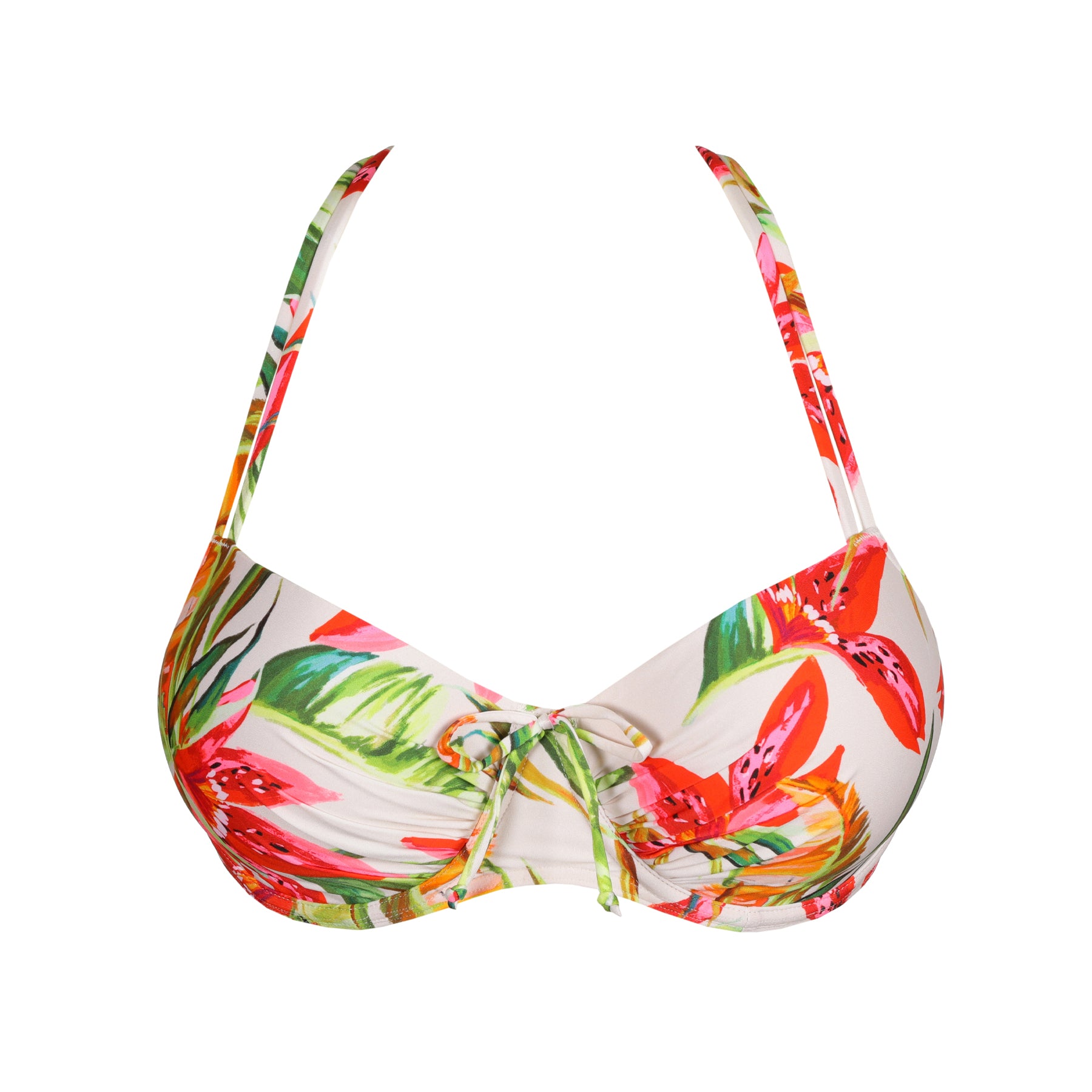 A tropical floral bikini top with adjustable straps and a tie-front detail on a cream background.