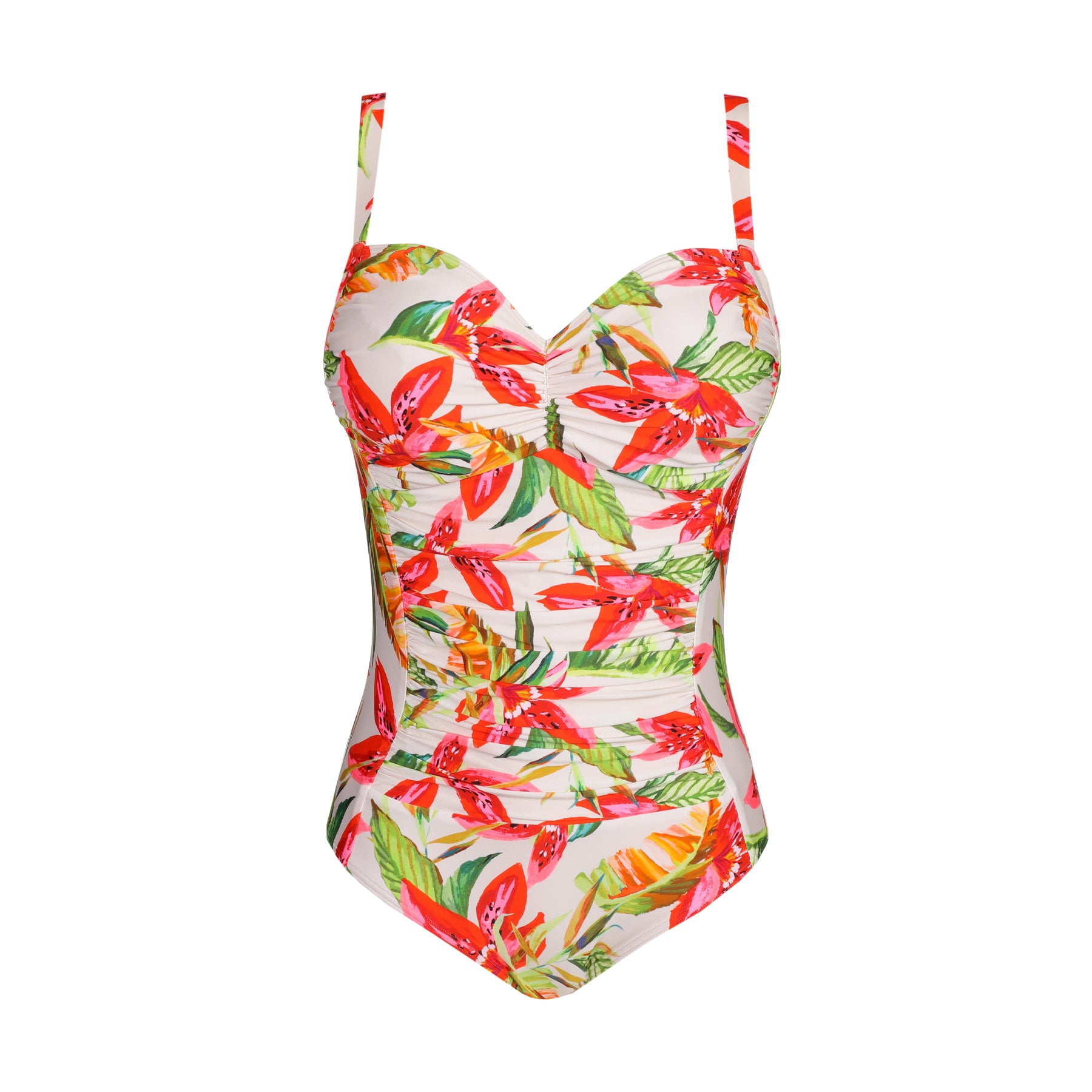  A one-piece swimsuit with a vibrant tropical floral print, featuring ruched details and adjustable straps.