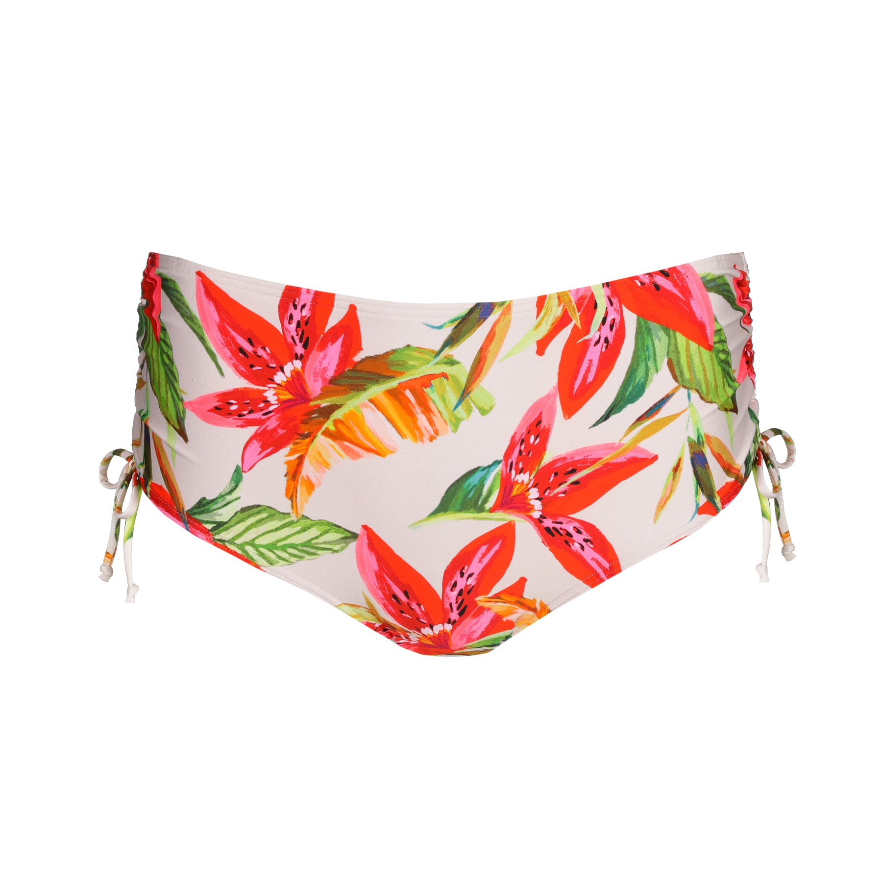 A high-waisted swim brief with a tropical floral print.