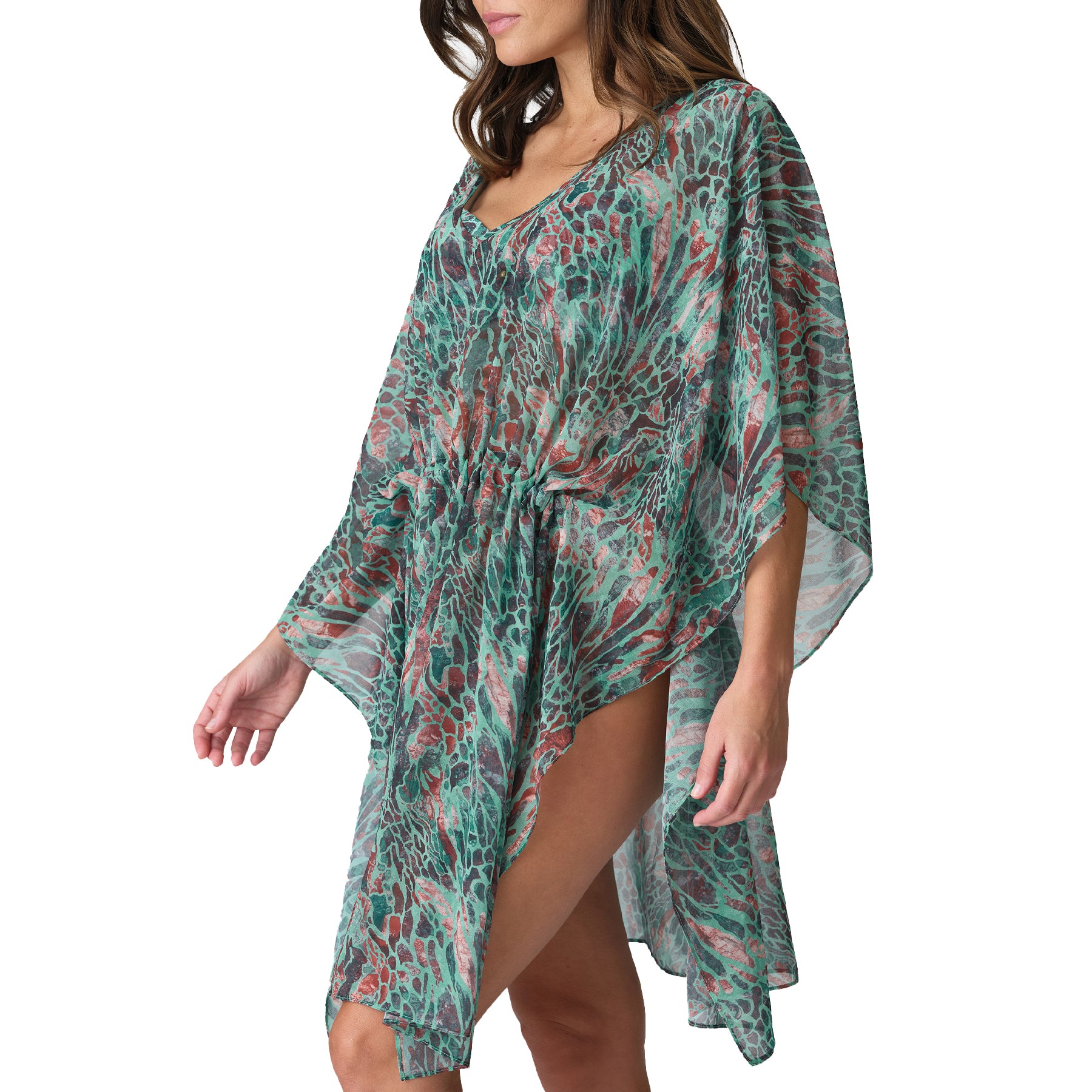 A model wearing a turquoise seas print sheer cover-up.