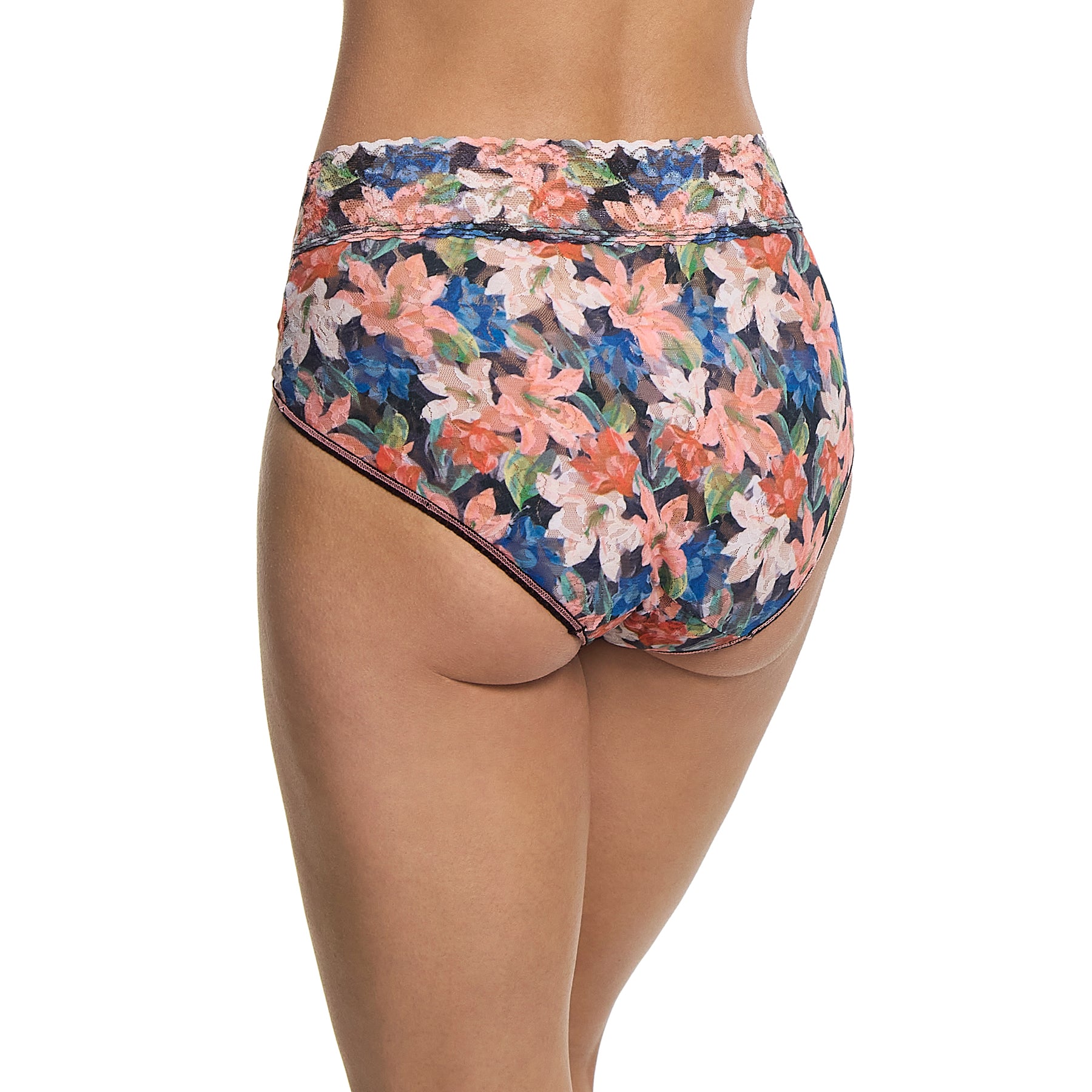 hanky panky printed lace high waist french brief in multi floral wonderous on model rear/side view