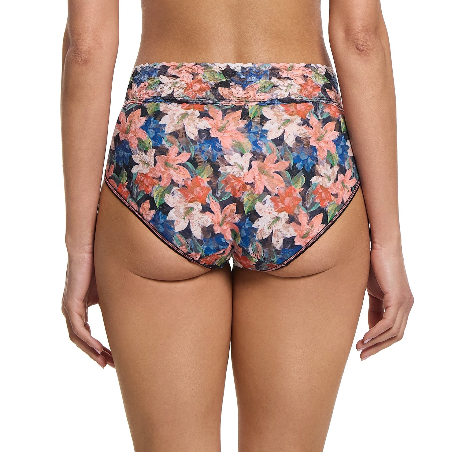 hanky panky printed lace high waist french brief in multi floral wonderous on model rear view