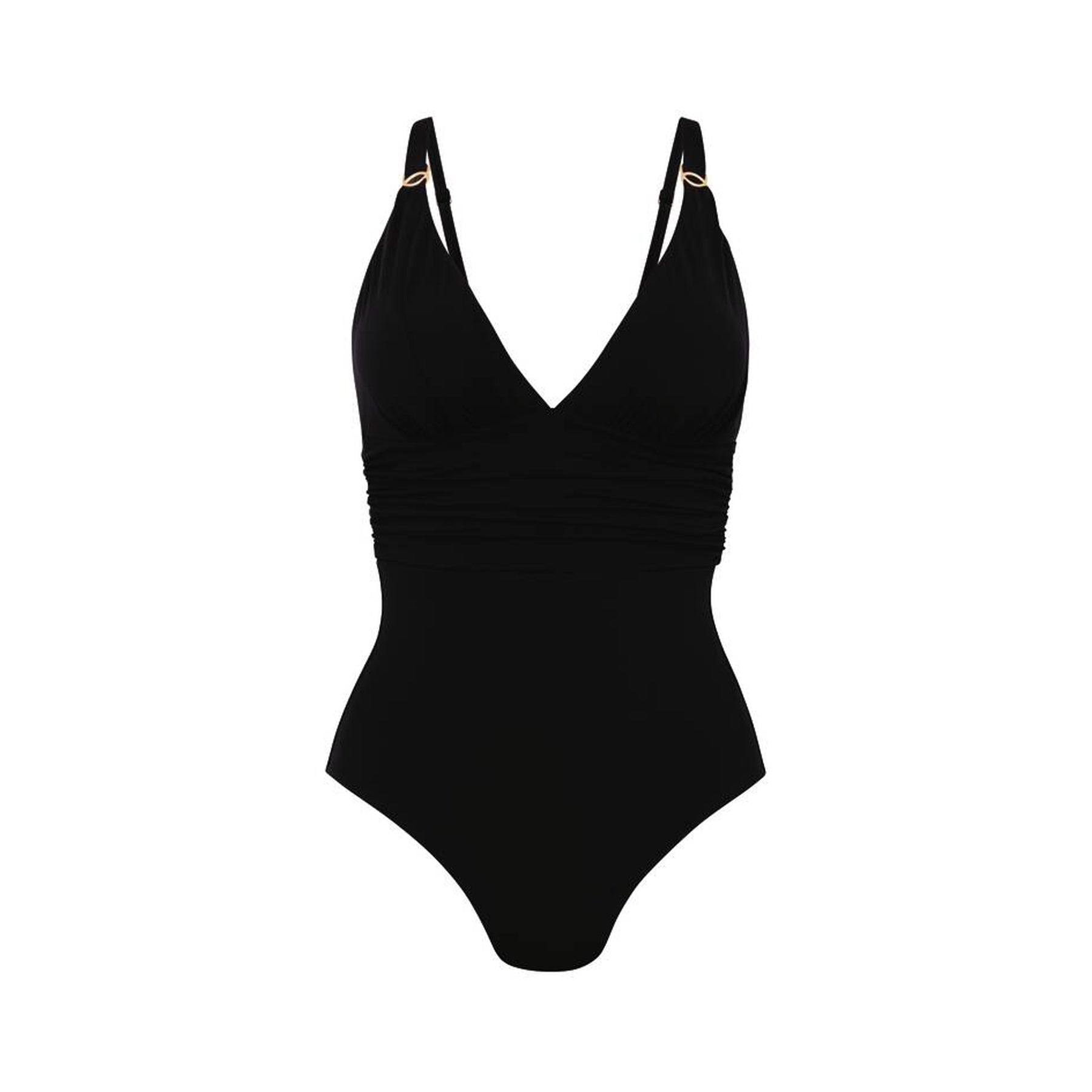 A black swimsuit with gold jewelry on shoulders on the white background.