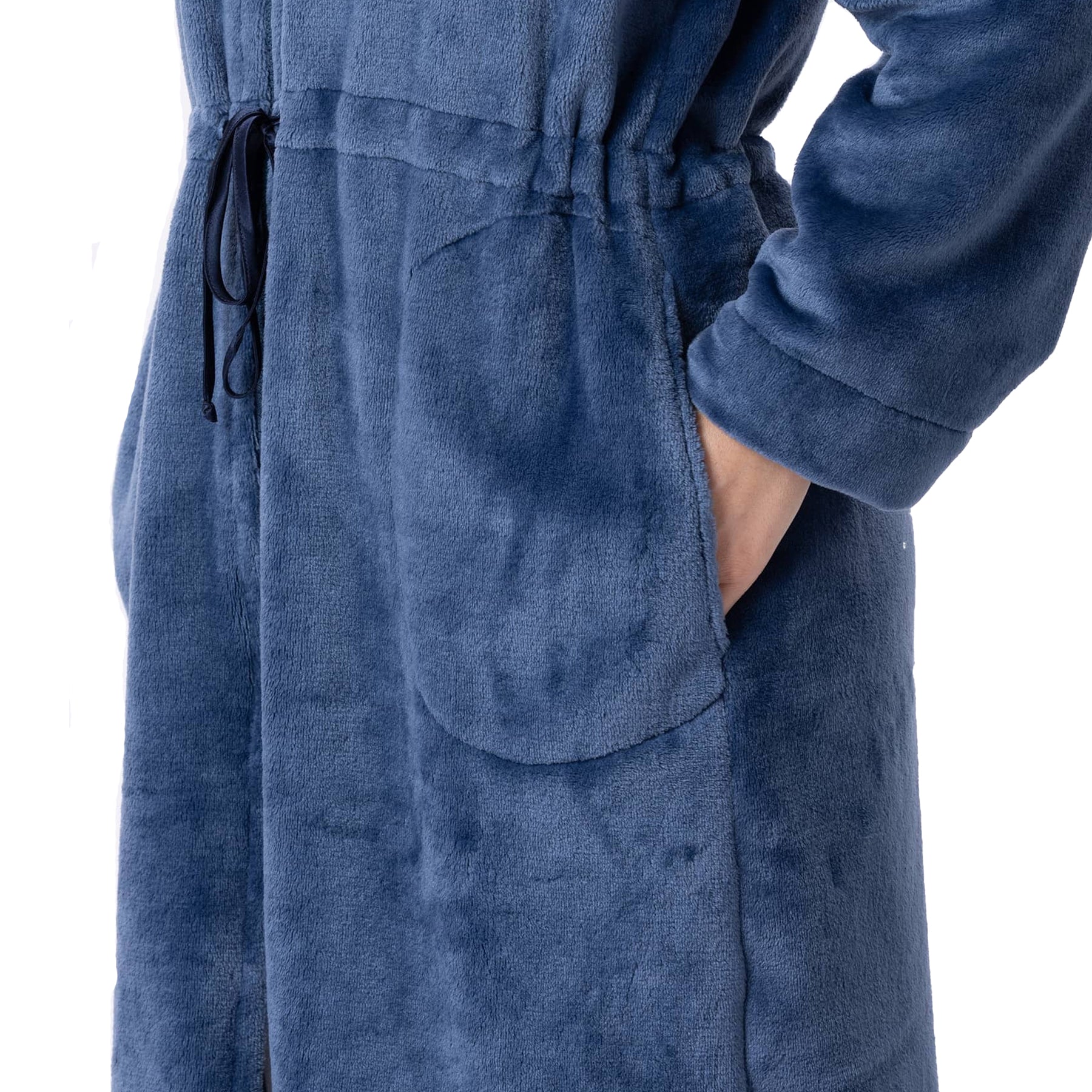 A loser look at the pocket area of a deep navy plush robe.