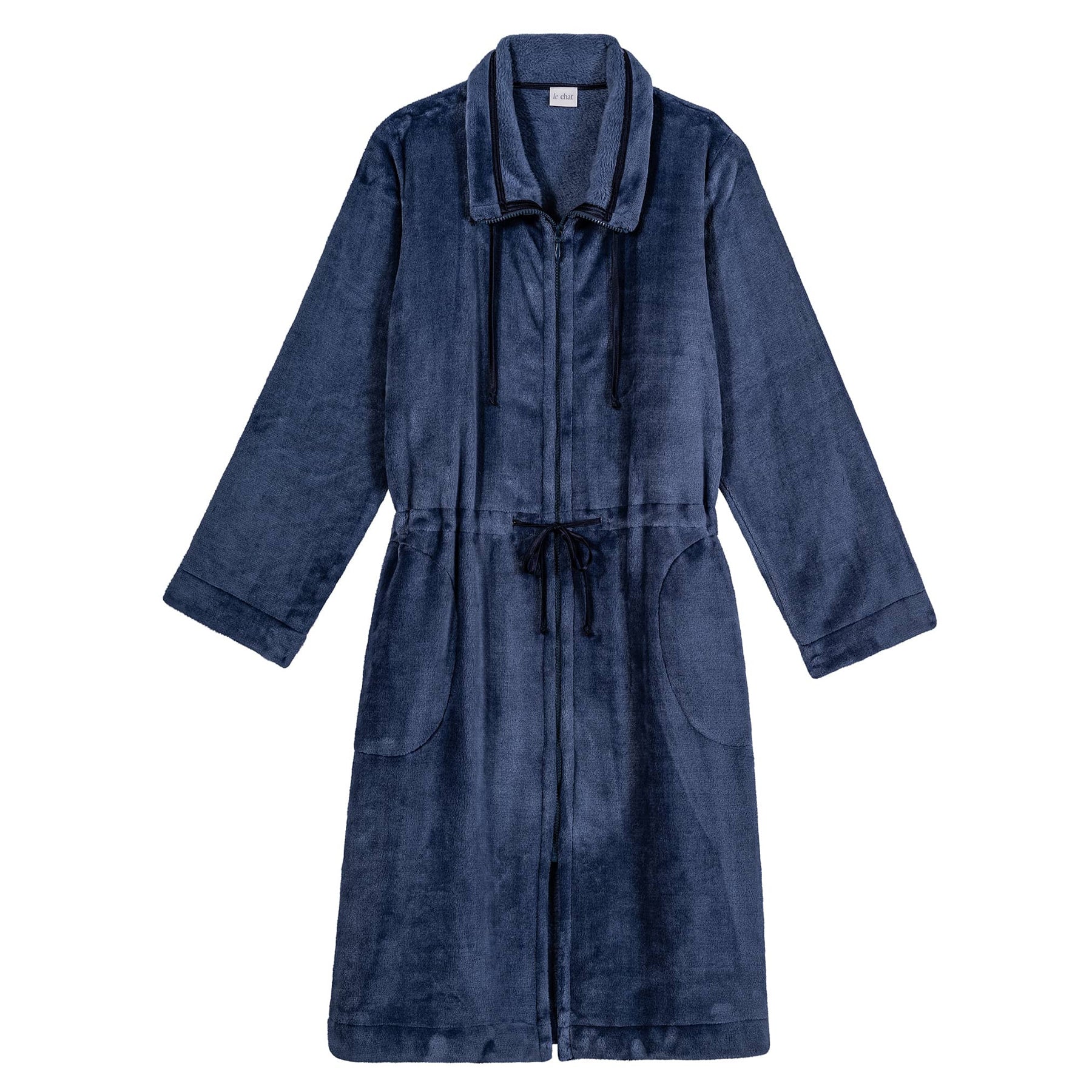 A deep navy plush robe laying flat.