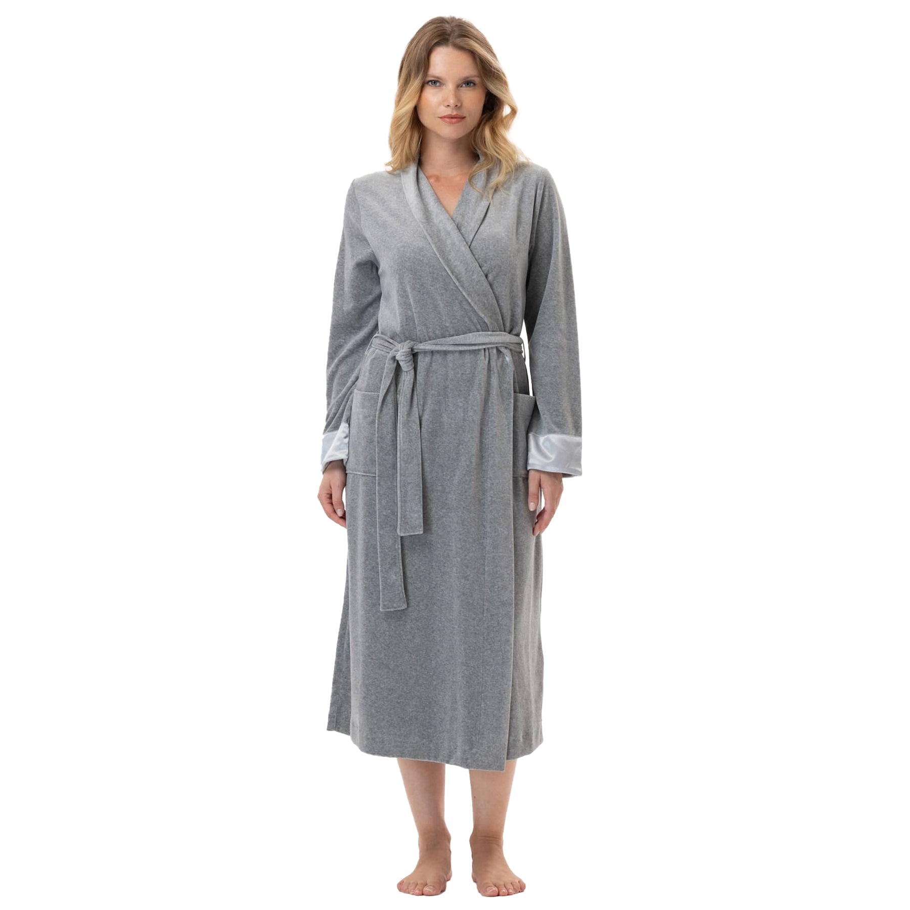 A woman posing to show a front view of a grey wrap robe.