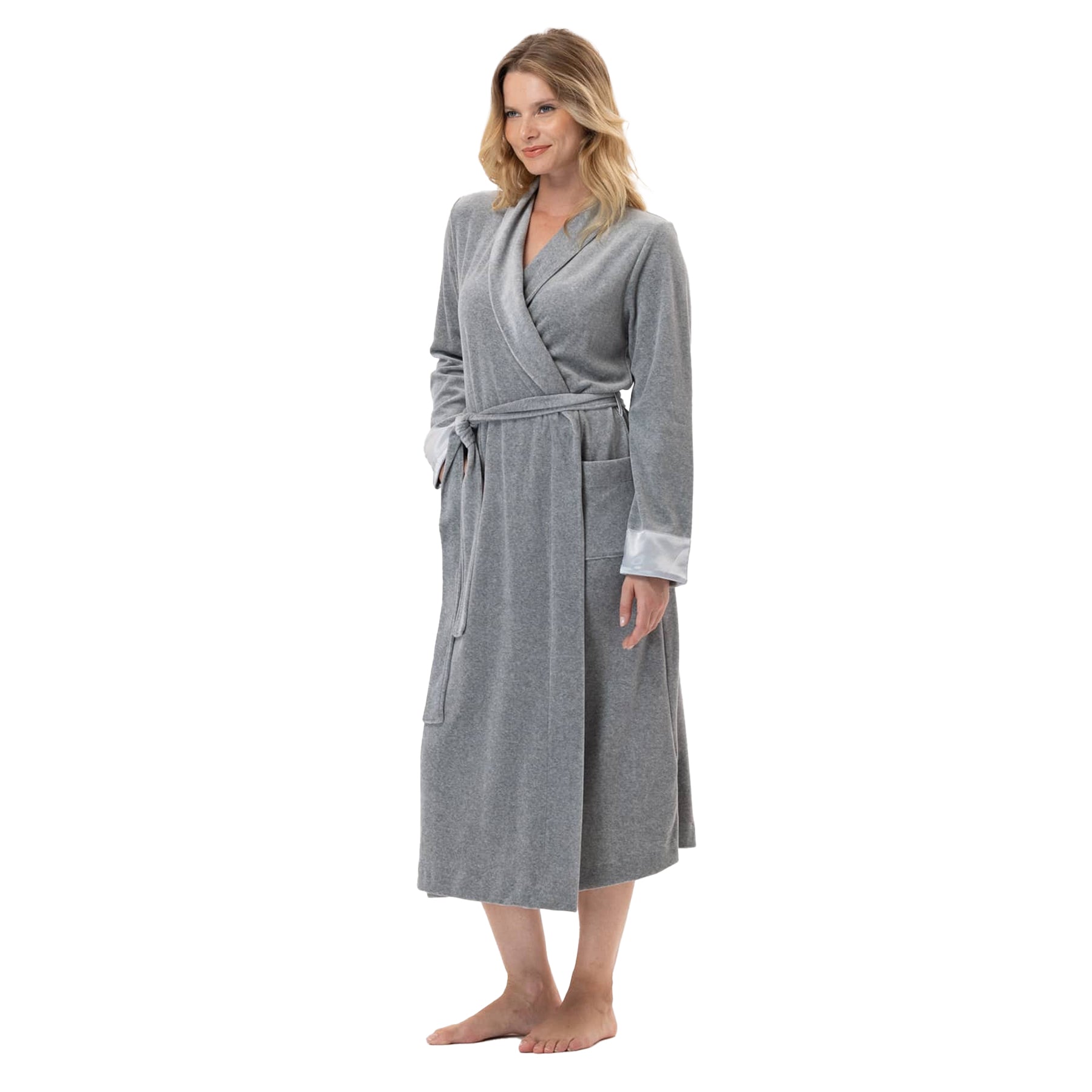 A woman showing a side of a grey wrap robe.