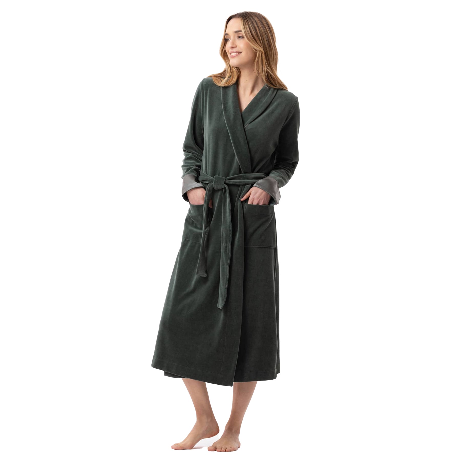 A closer look of the woman showing a green robe.