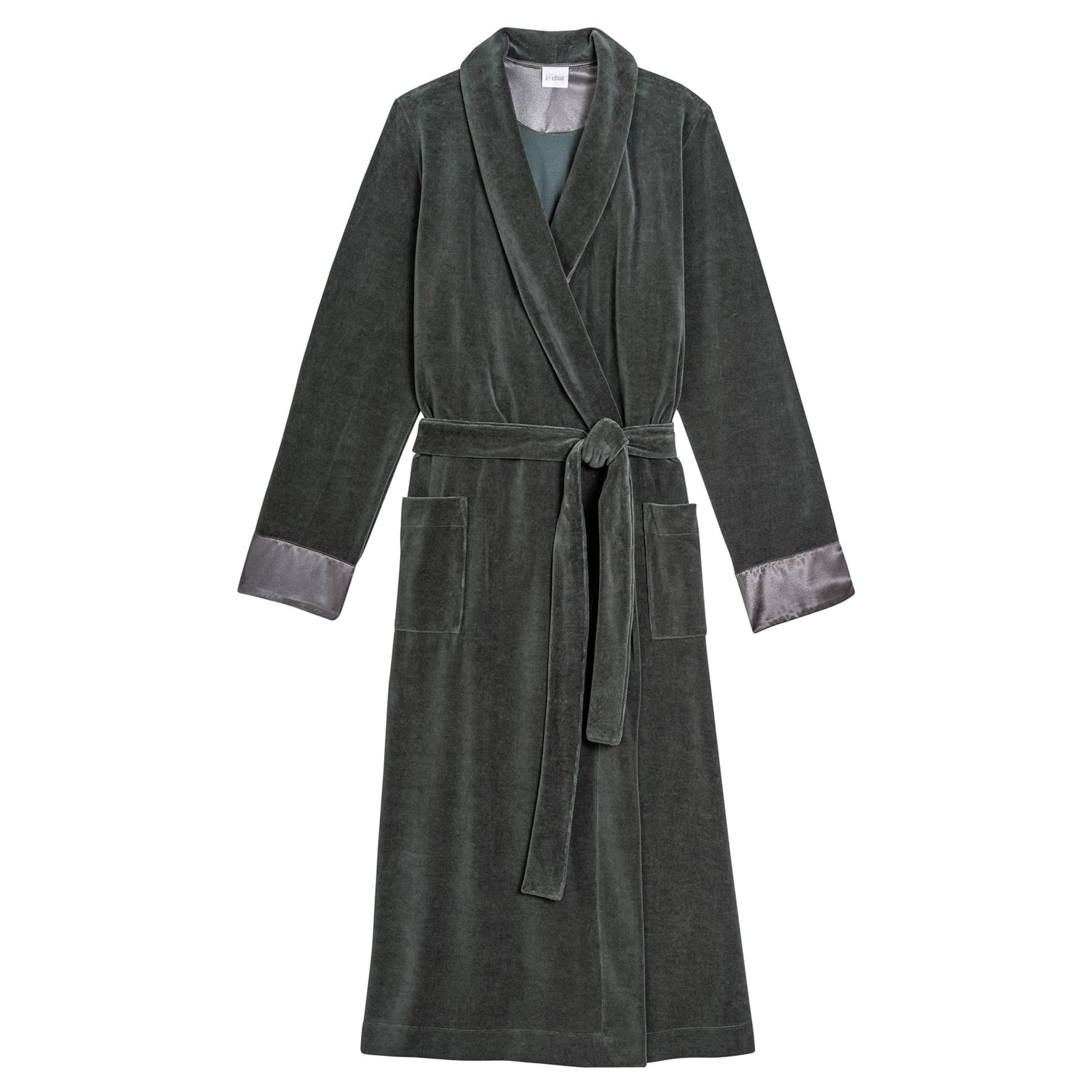 A laying flat green robe with satin sleeves.