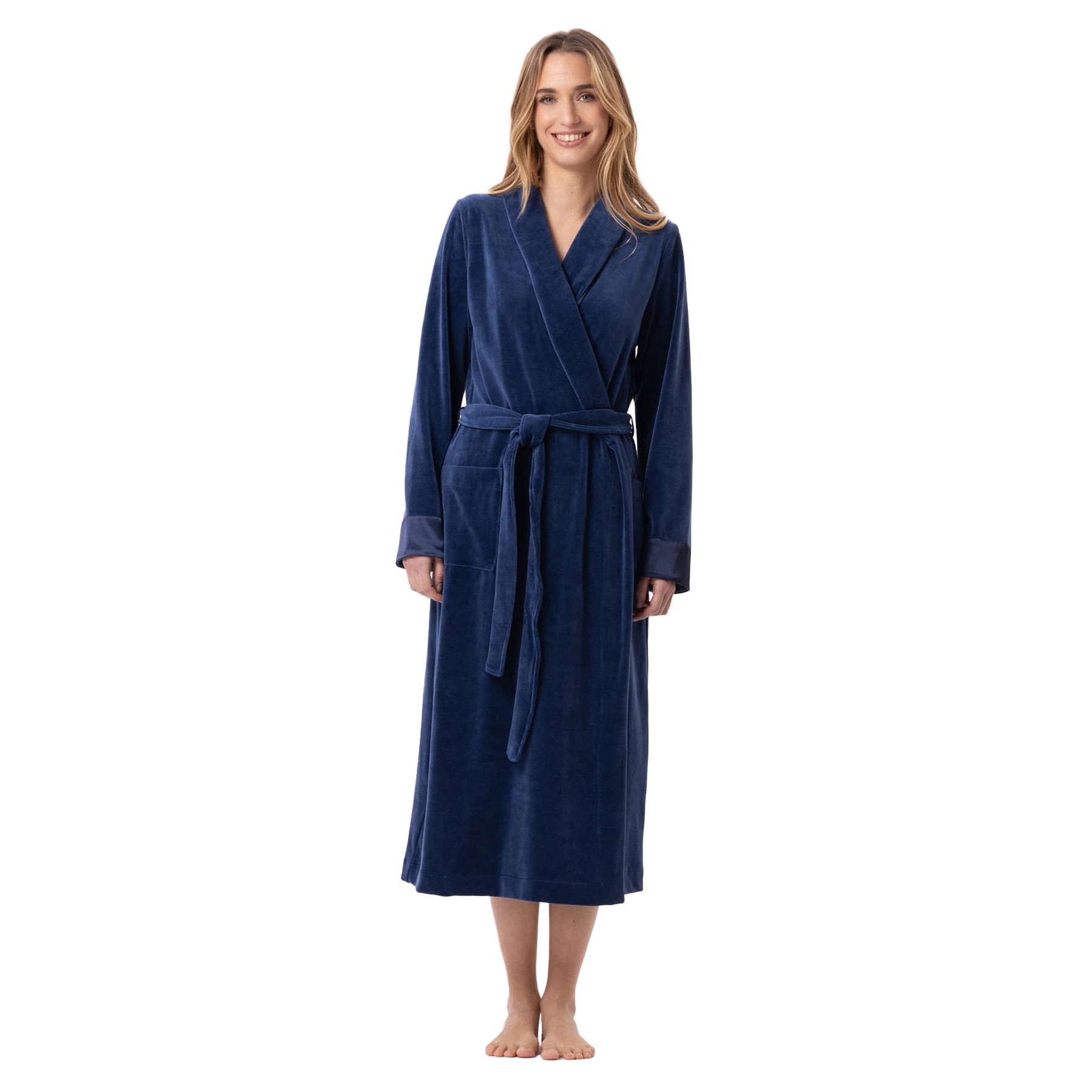 A model showing a deep navy robe standing with a front view.