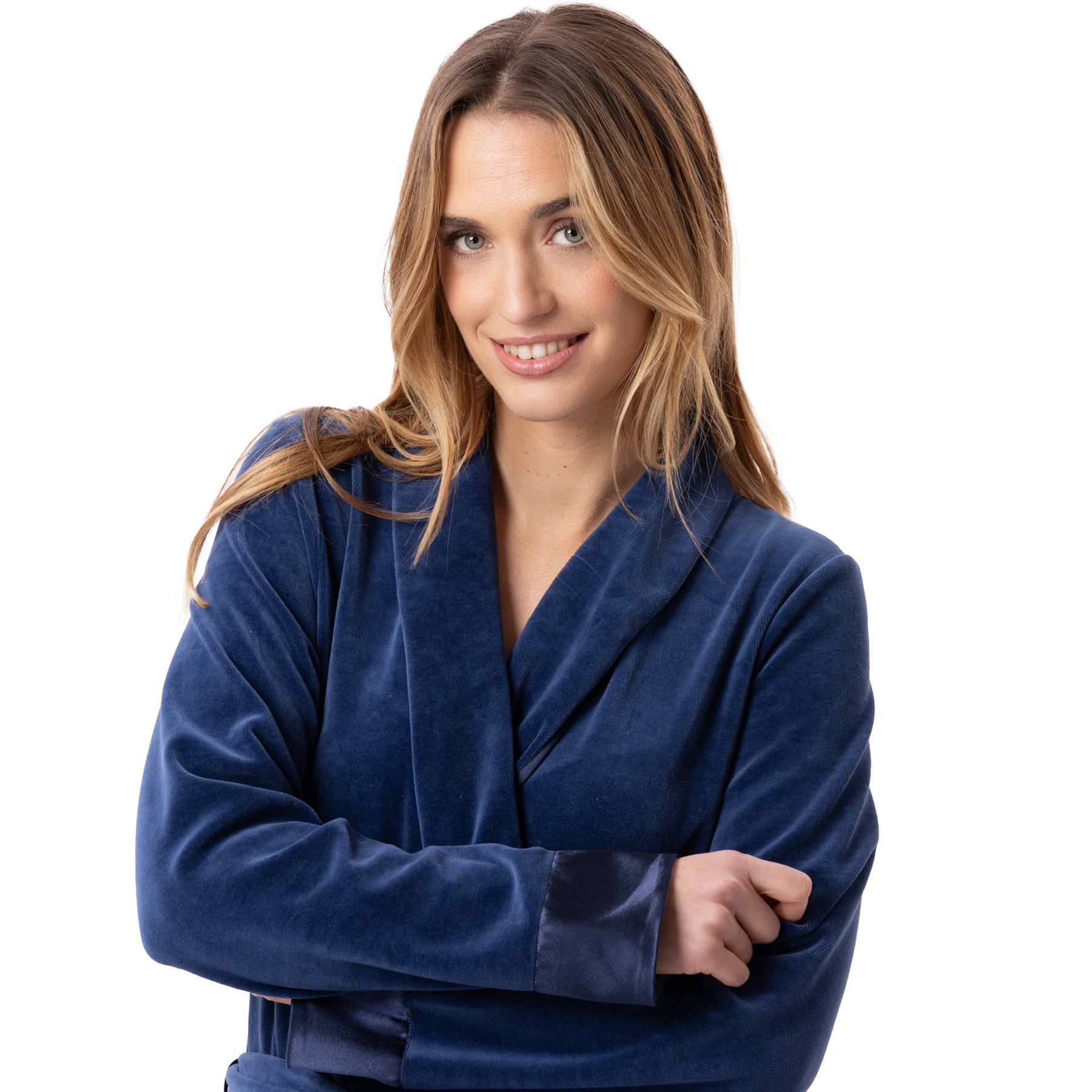 A model showing a deep navy robe standing with closer look.