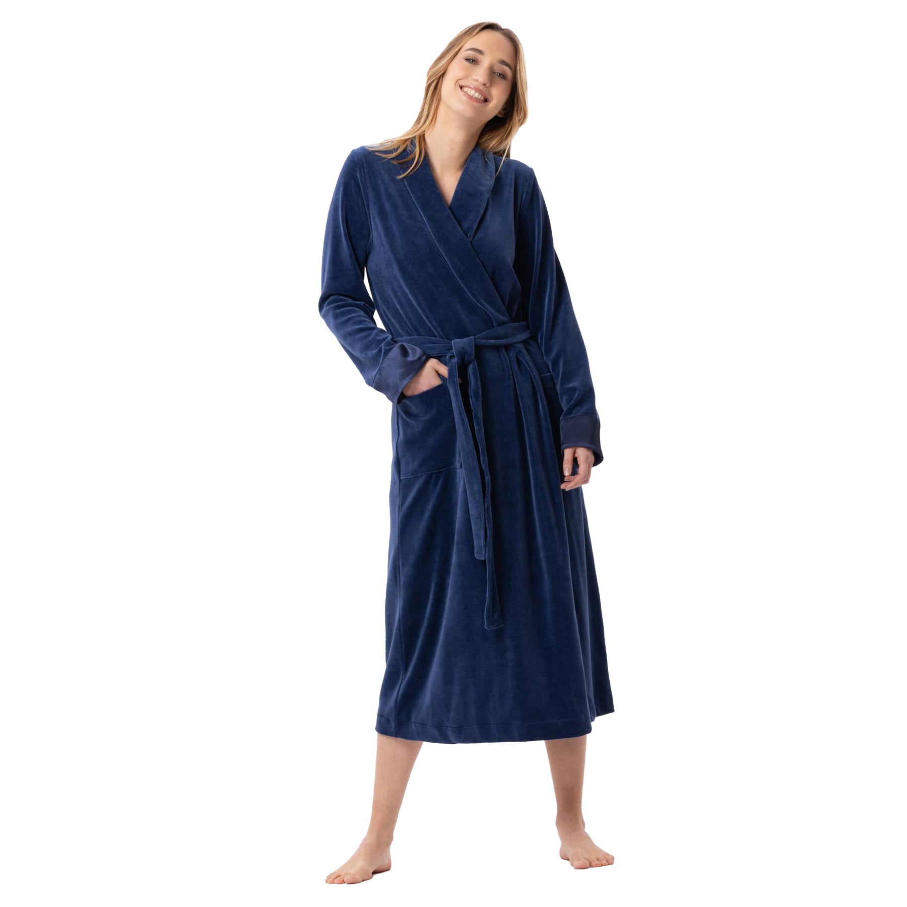 A model showing a deep navy robe standing with a front view.