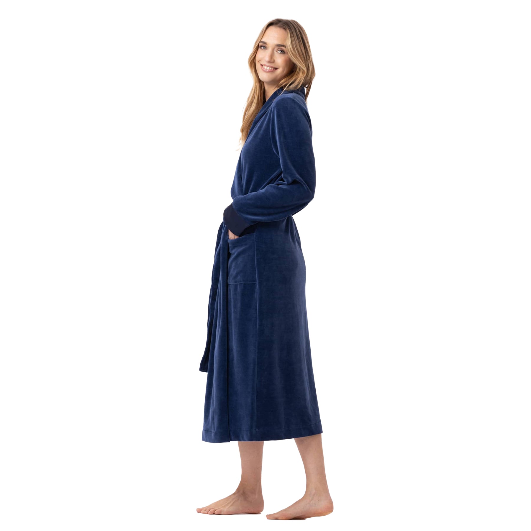 A model showing a deep navy robe standing with a side view.