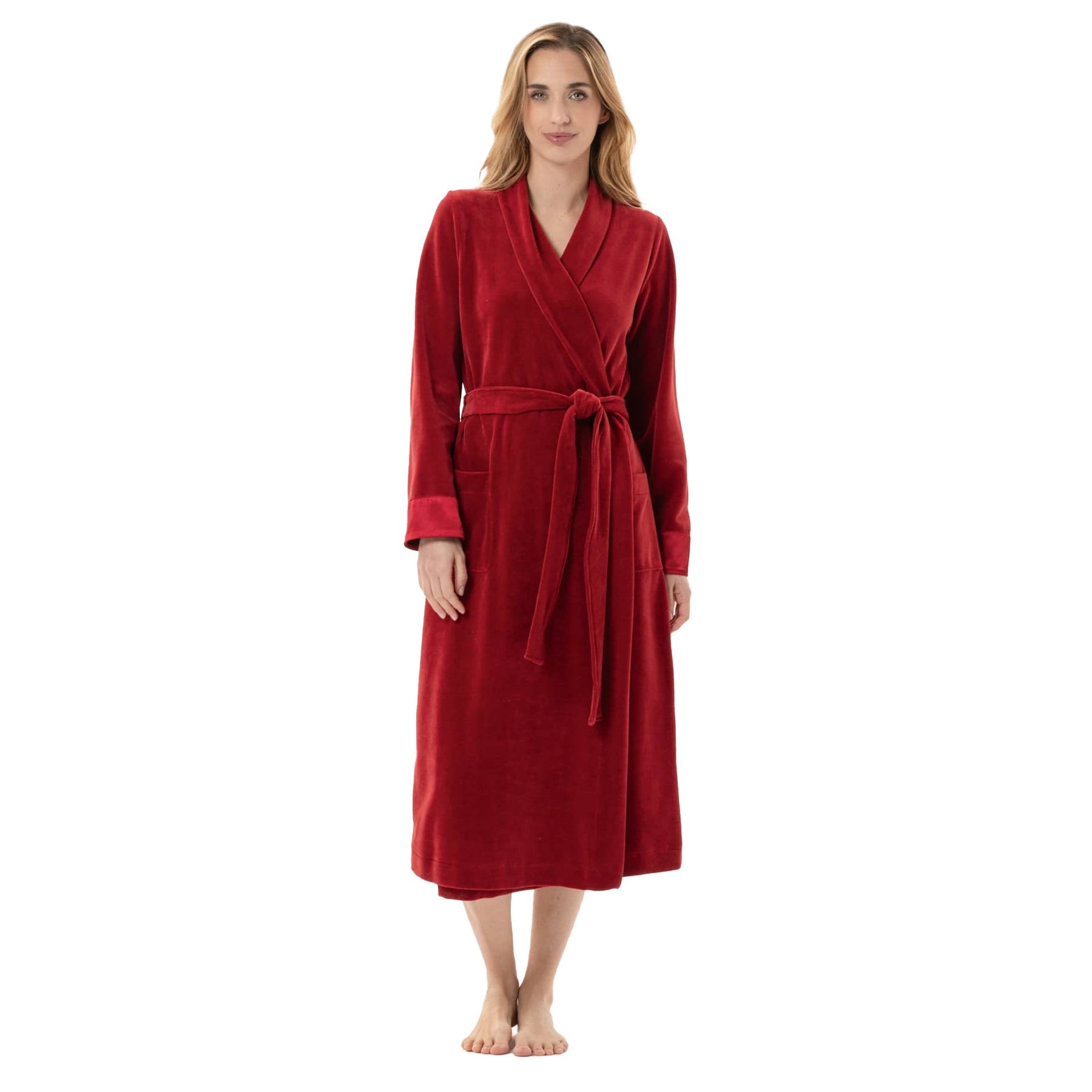 A model showing a red wrap robe with satin sleeves