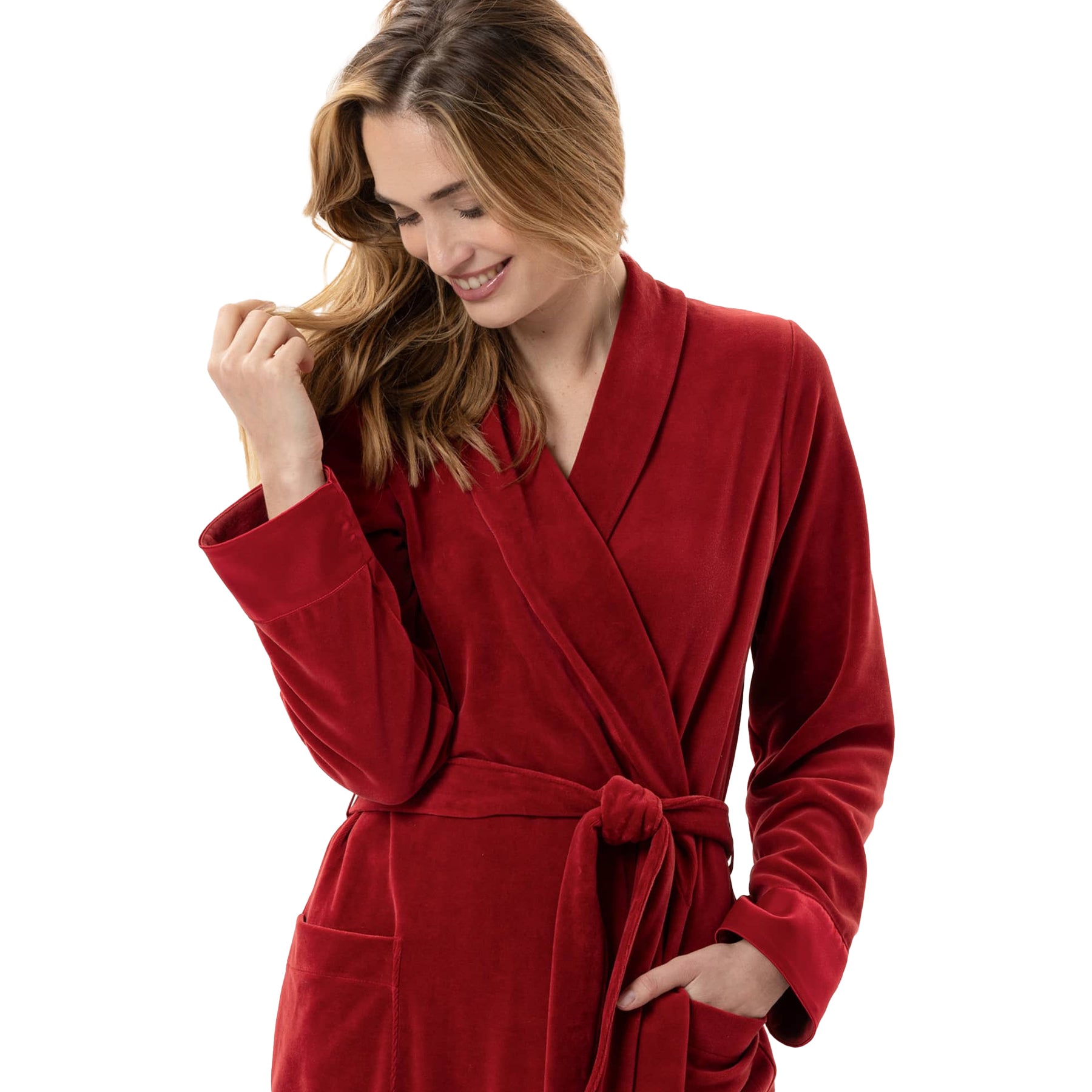 A closer look of a woman showing red wrap robe.