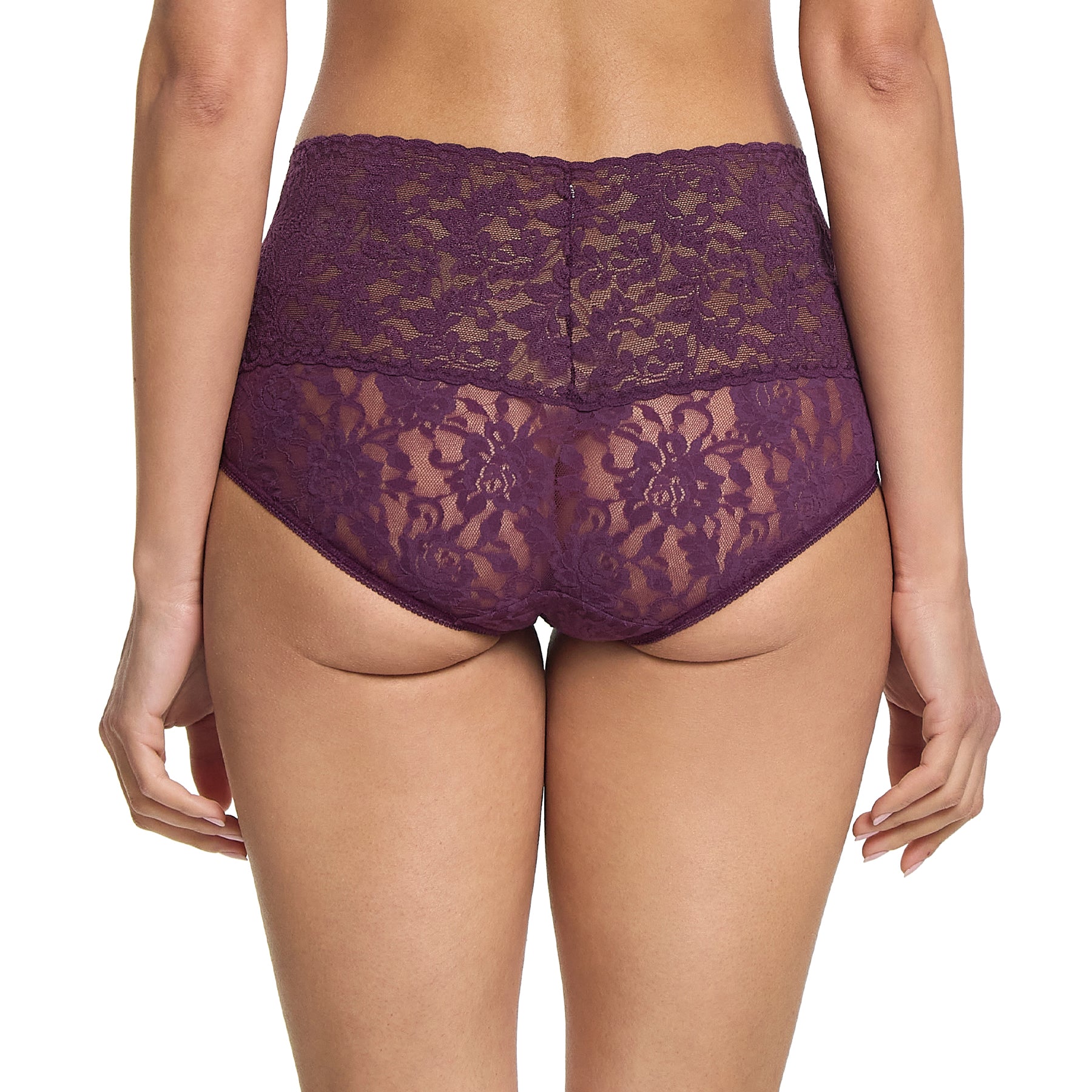 Hanky Panky lace v-kini high rise brief in dark purple stonefruit on model rear view