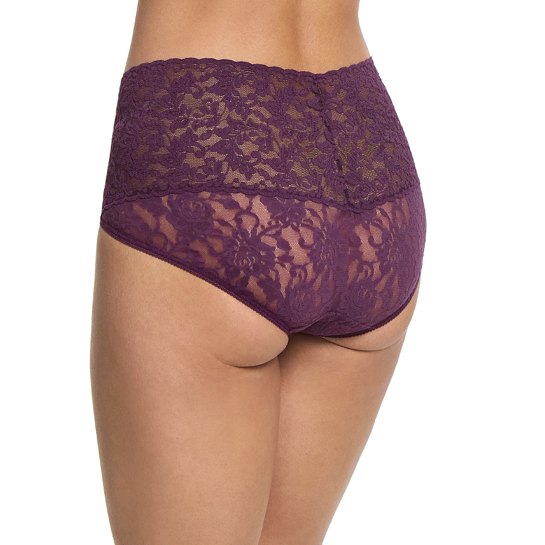 Hanky Panky lace v-kini high rise brief in dark purple stonefruit on model rear view 2