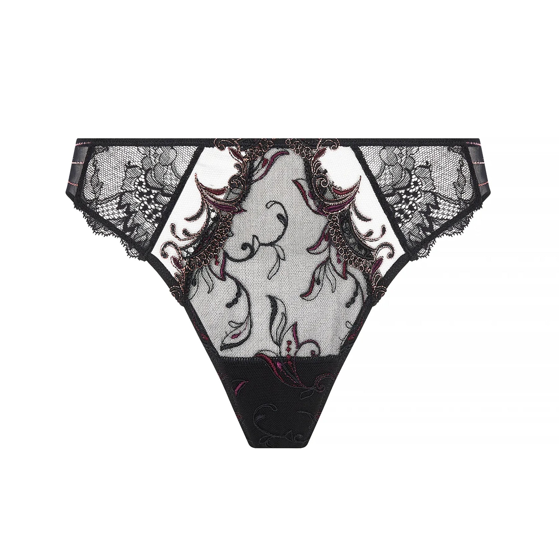 Lise Charmel Charme Secret thong featuring sheer black tulle with floral embroidery in black and burgundy and scalloped lace accents.