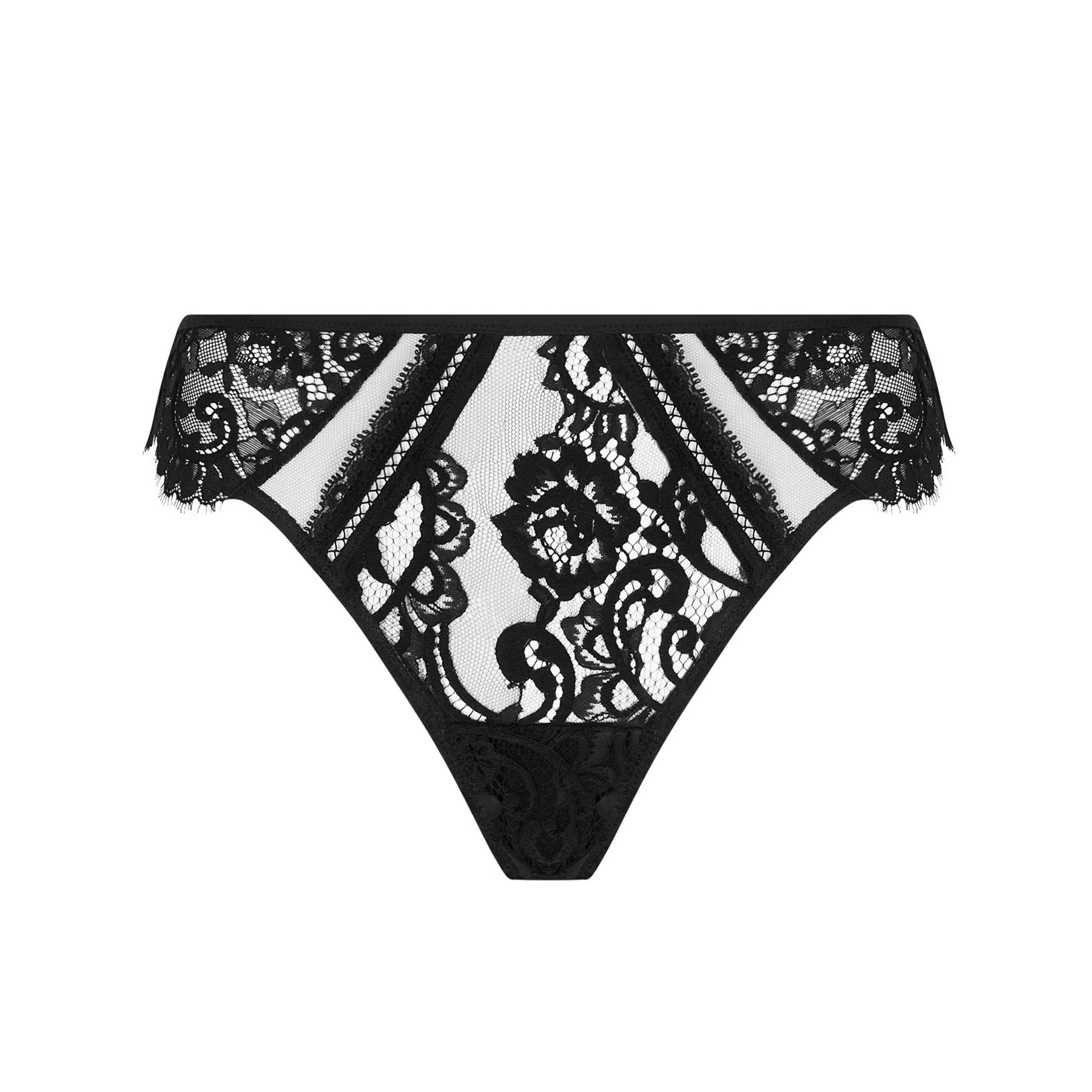 A black lace thong with intricate floral detailing and sheer panels, offering a sophisticated and sensual design.