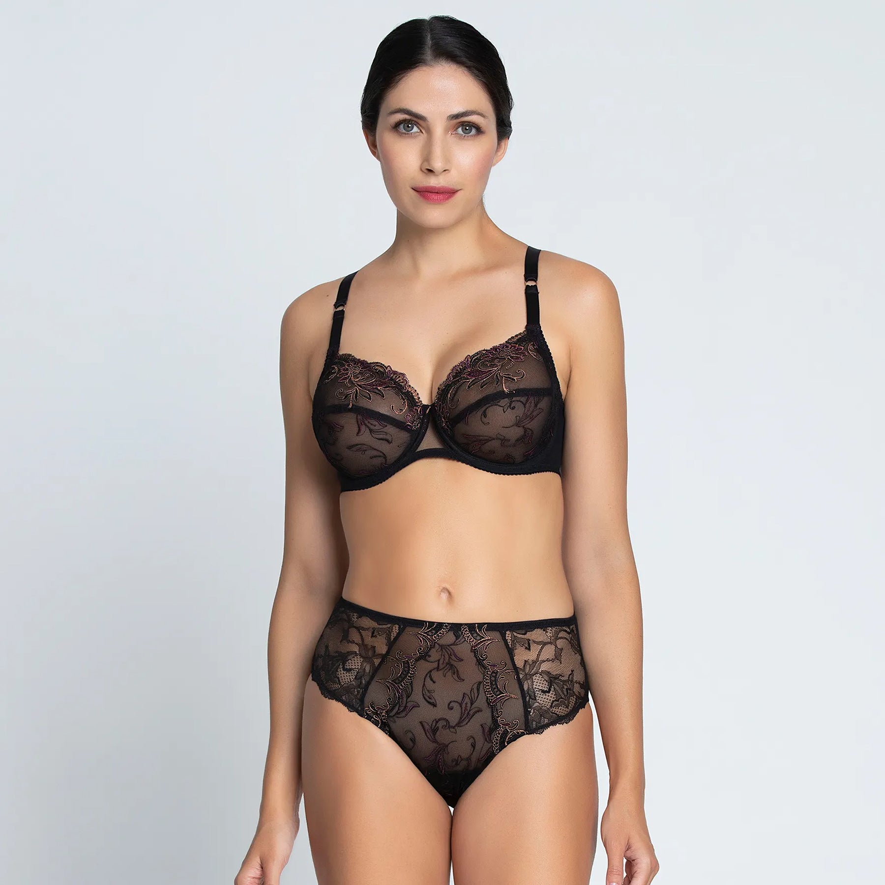 Model Wearing Full Cup Bra and Full Brief from Charme Secret Collection by Lise Charmel, front view.