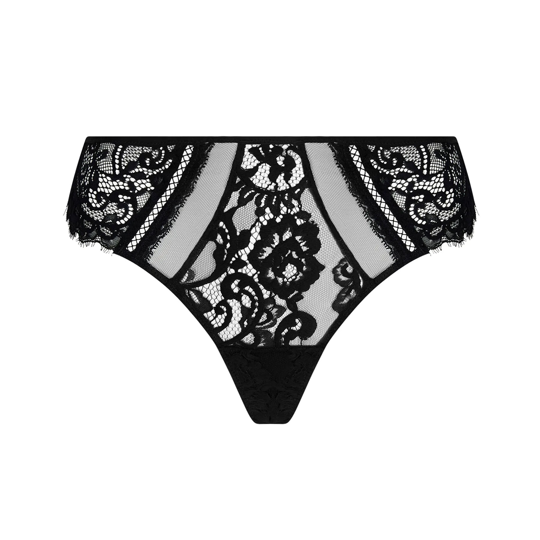 A black lace brief with intricate floral detailing and sheer panels, offering a sophisticated and sensual design.