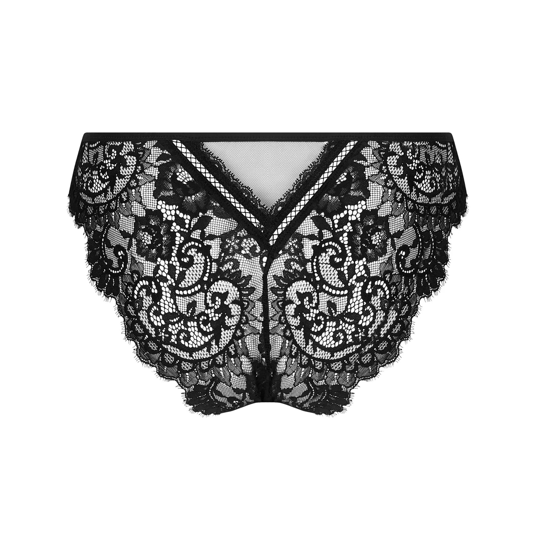 A black lace brief, back view, with intricate floral detailing and sheer panels, offering a sophisticated and sensual design.