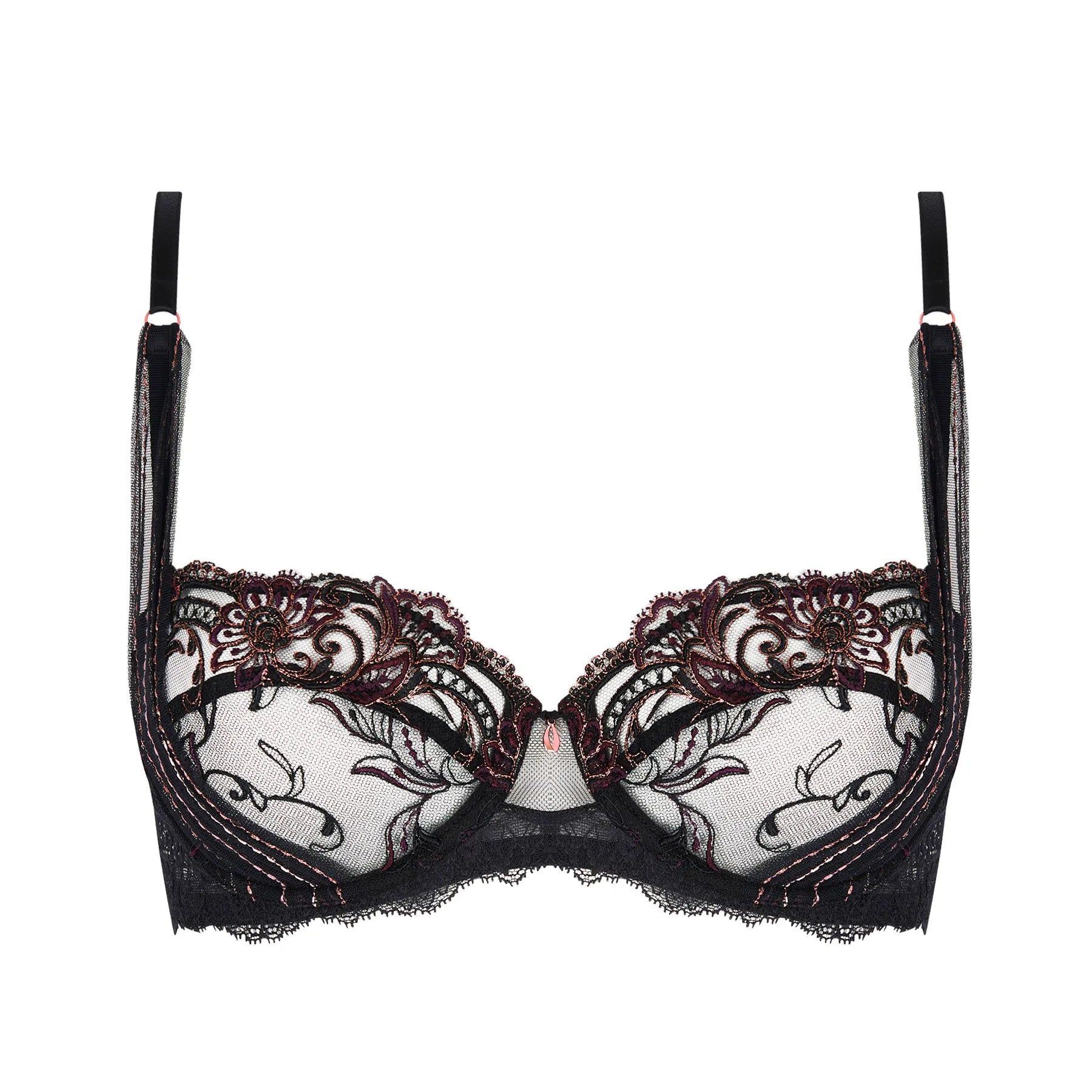 Lise Charmel Charme Secret demi bra featuring sheer black tulle with intricate black and burgundy floral embroidery, balconette cups, and lace detailing.