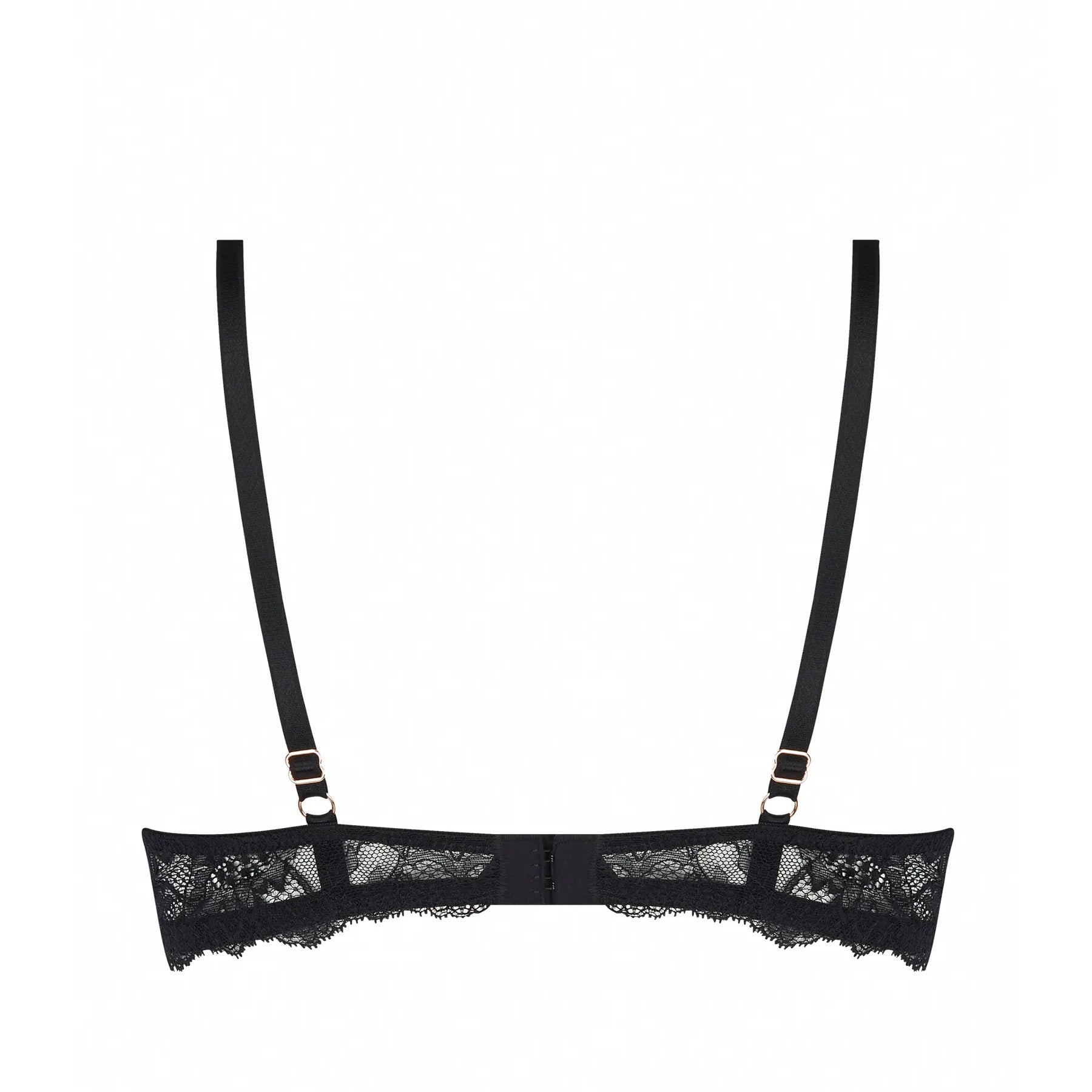 Lise Charmel Charme Secret demi bra featuring sheer black tulle with intricate black and burgundy floral embroidery, balconette cups, and lace detailing, back view