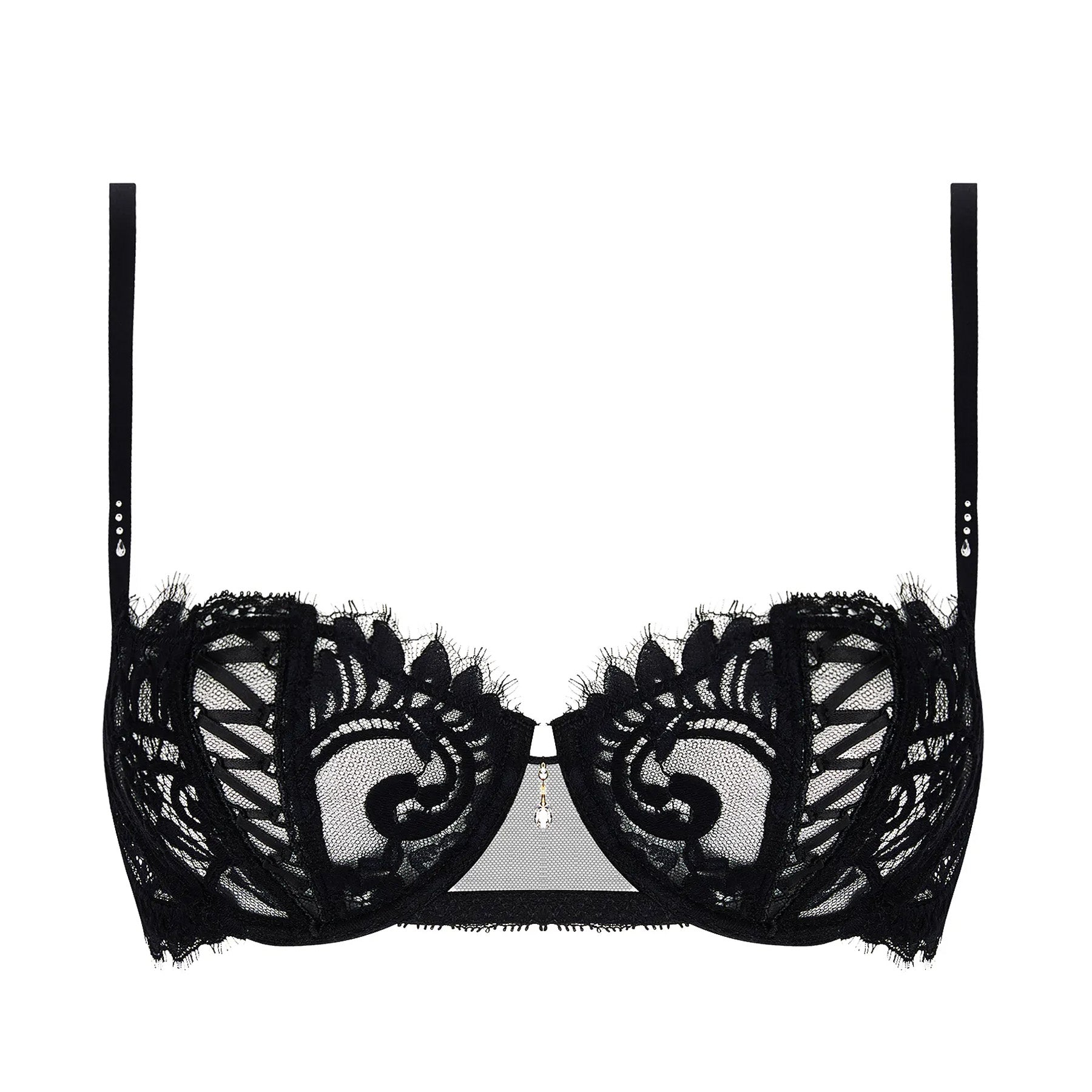 A black lace bra with intricate floral patterns and a central jewel accent, offering an elegant and sensual appeal.