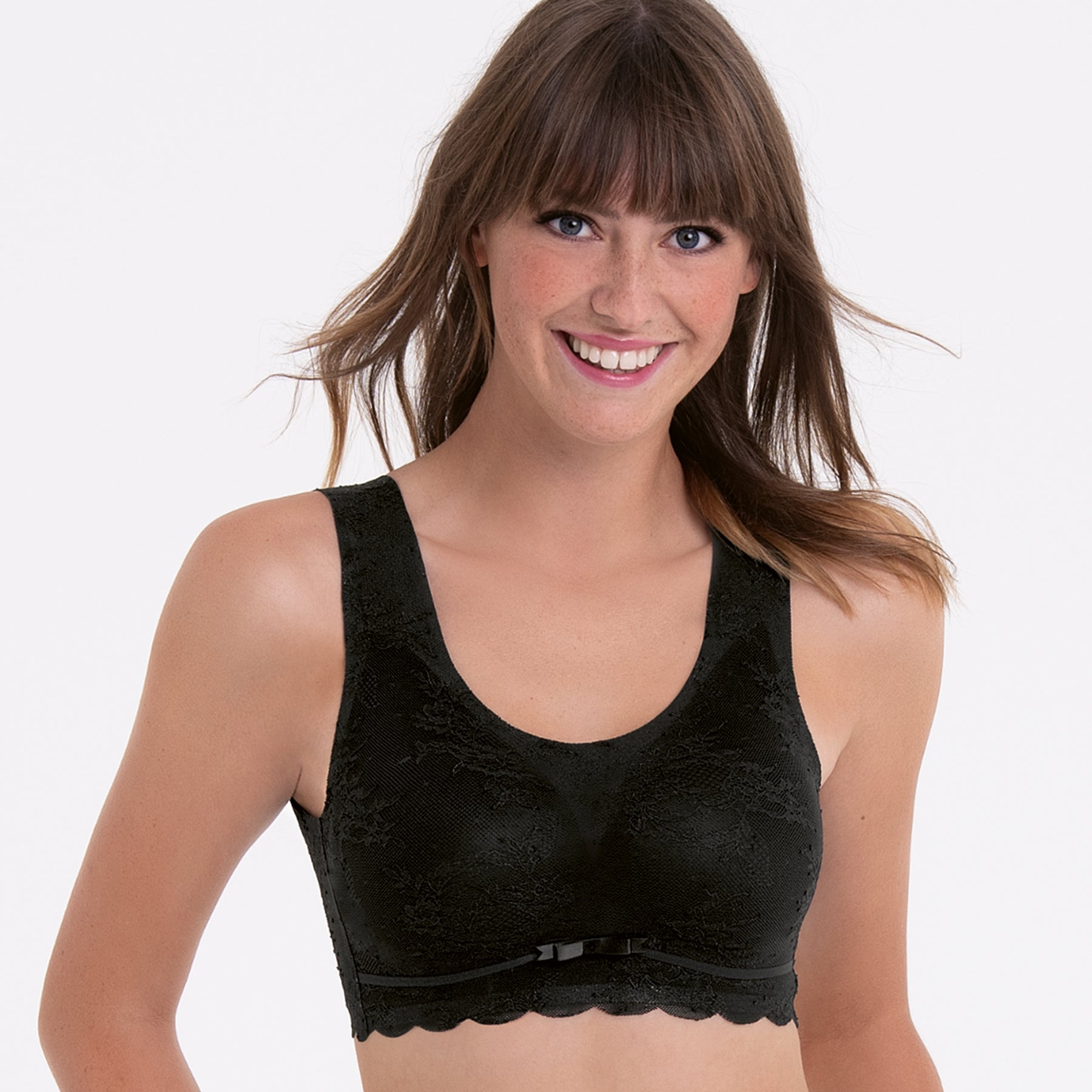 Anita Essentials Lace wireless moulded Bralette in black, front view on model.