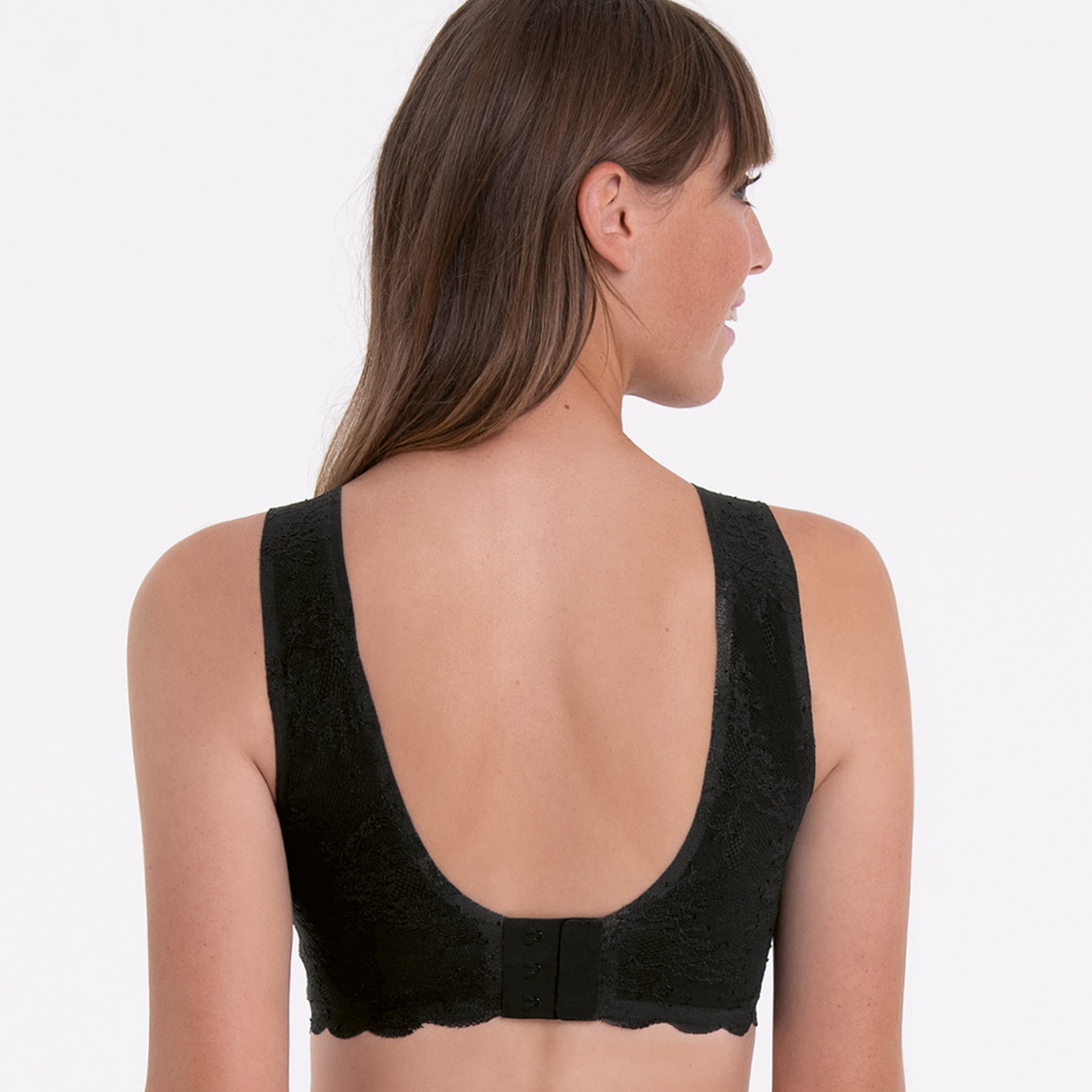 Anita Essentials Lace wireless moulded Bralette in black, rear view on model.