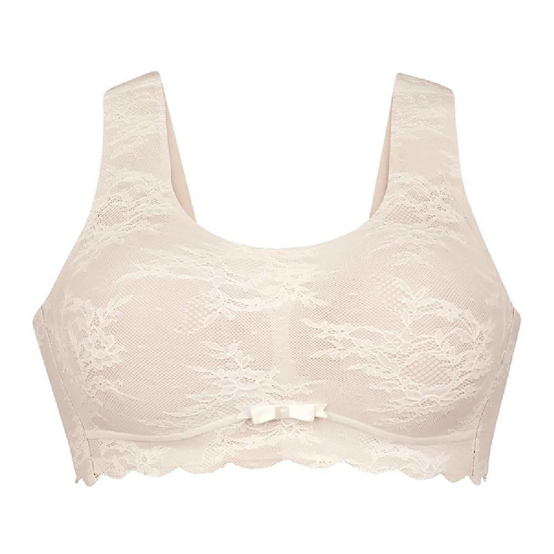 Wireless bralette in crystal ivory with lace overlay. Front view, without model.