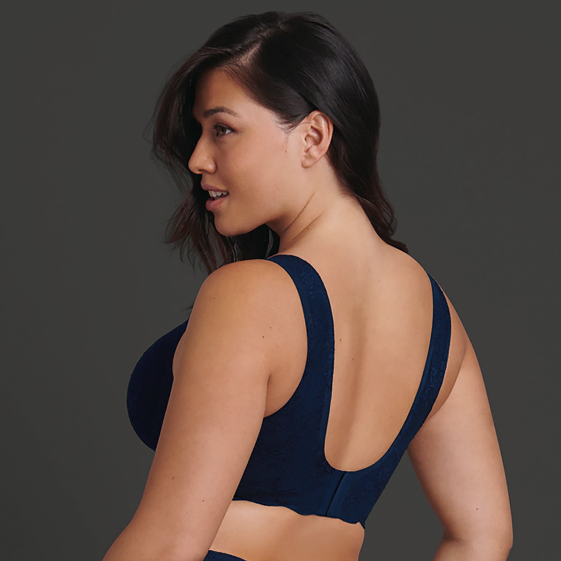 Anita Essentials Lace wireless moulded Bralette in maritime navy blue 380, rear view on model.