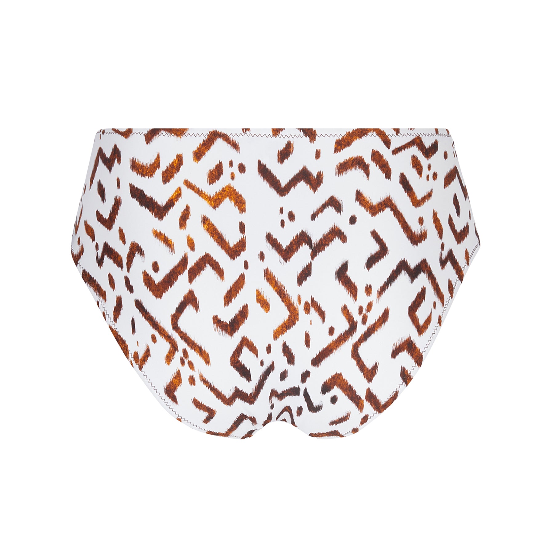 Bikini bottom with side ties in ethno blanc print. Brown print on a white background. Rear view without model.