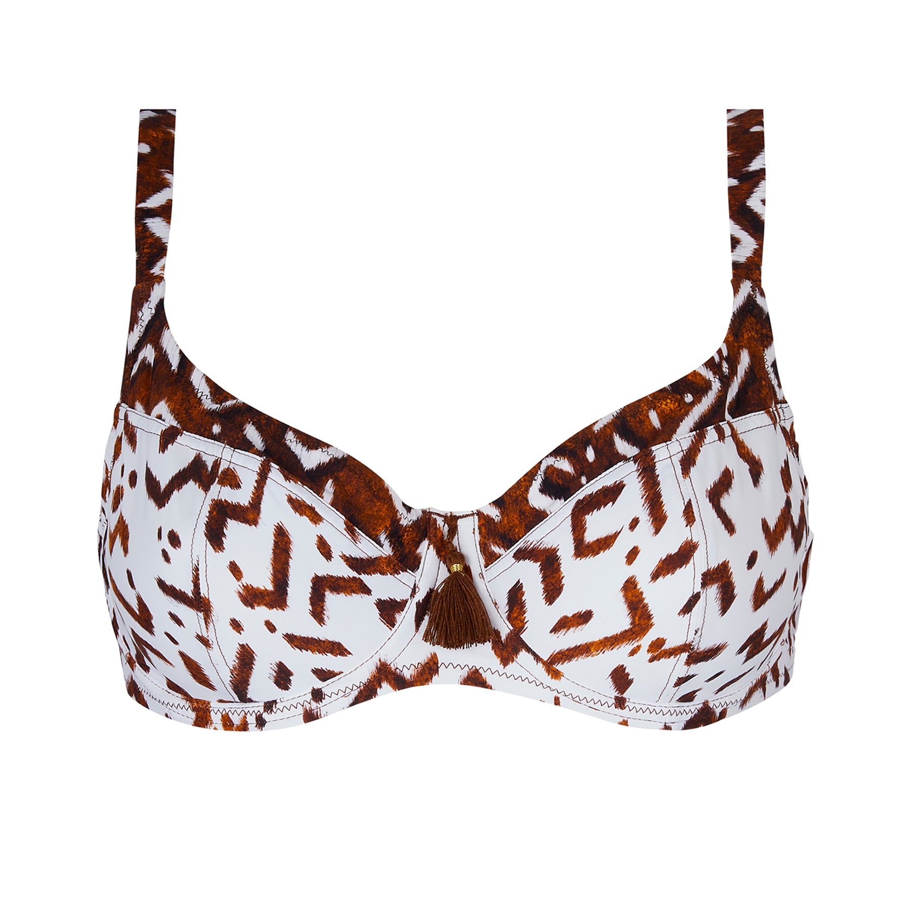 Underwired balcony bikini top in ethno blanc print. Brown print on a white background. Front view without model.