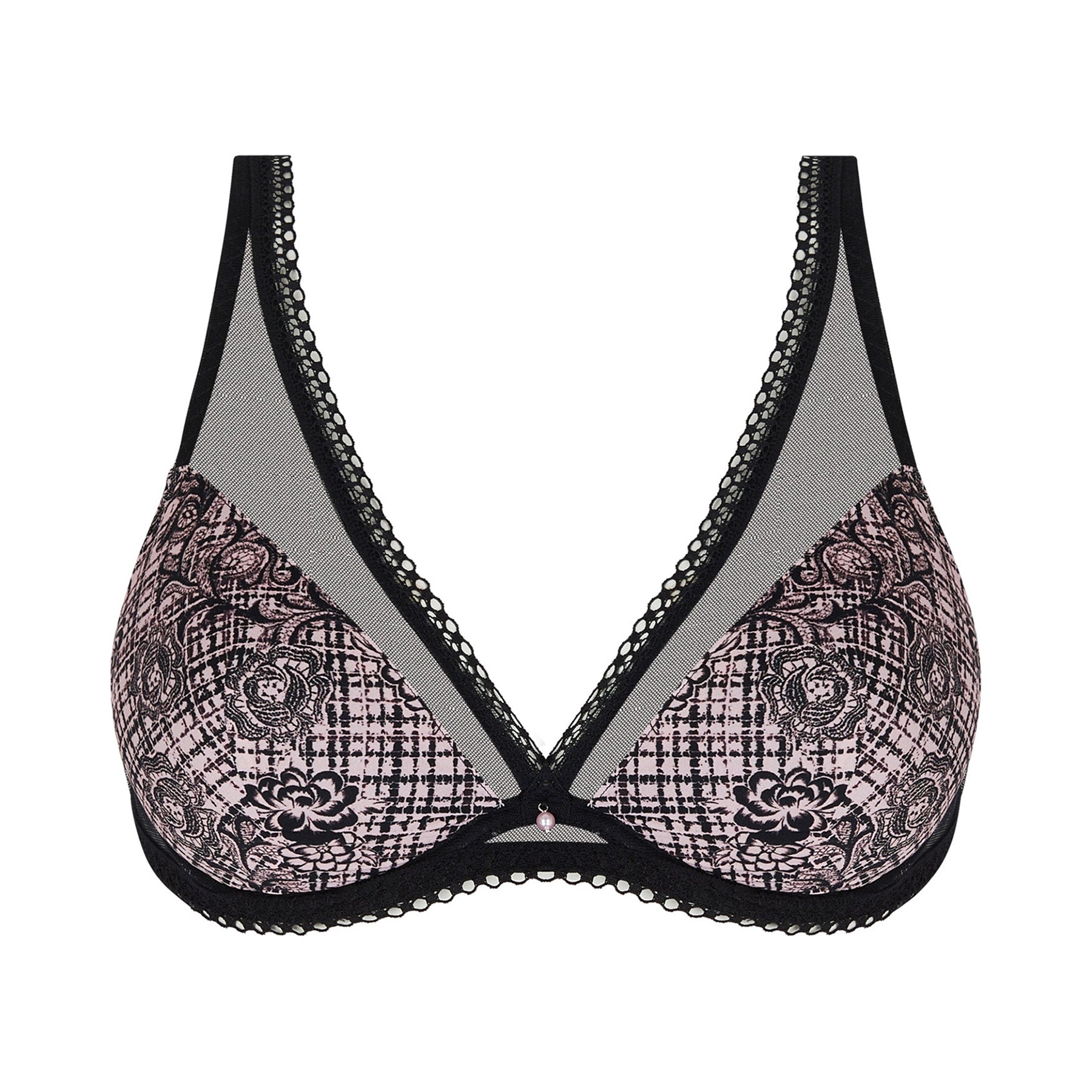 Triangle plunge half padded cup underwired bra in black with black mesh and a black floral tartan print on a light pink background. Front view without model.