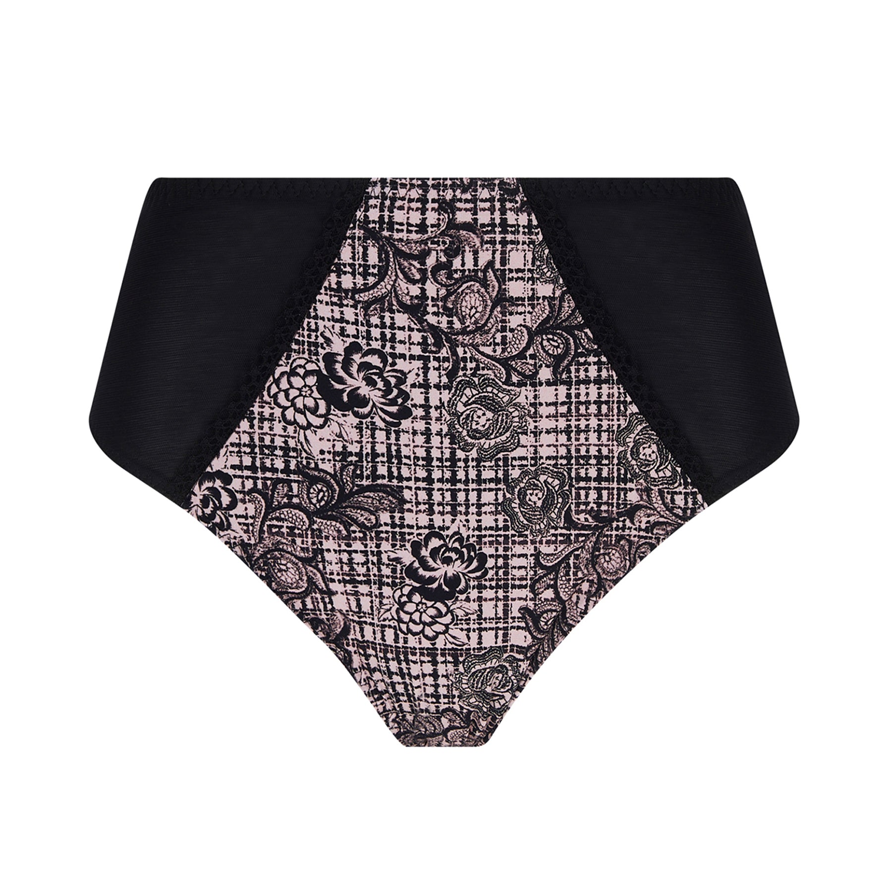 High waist full brief in black with a floral tartan print on a light pink background with black panels at front hips. Front view without model.