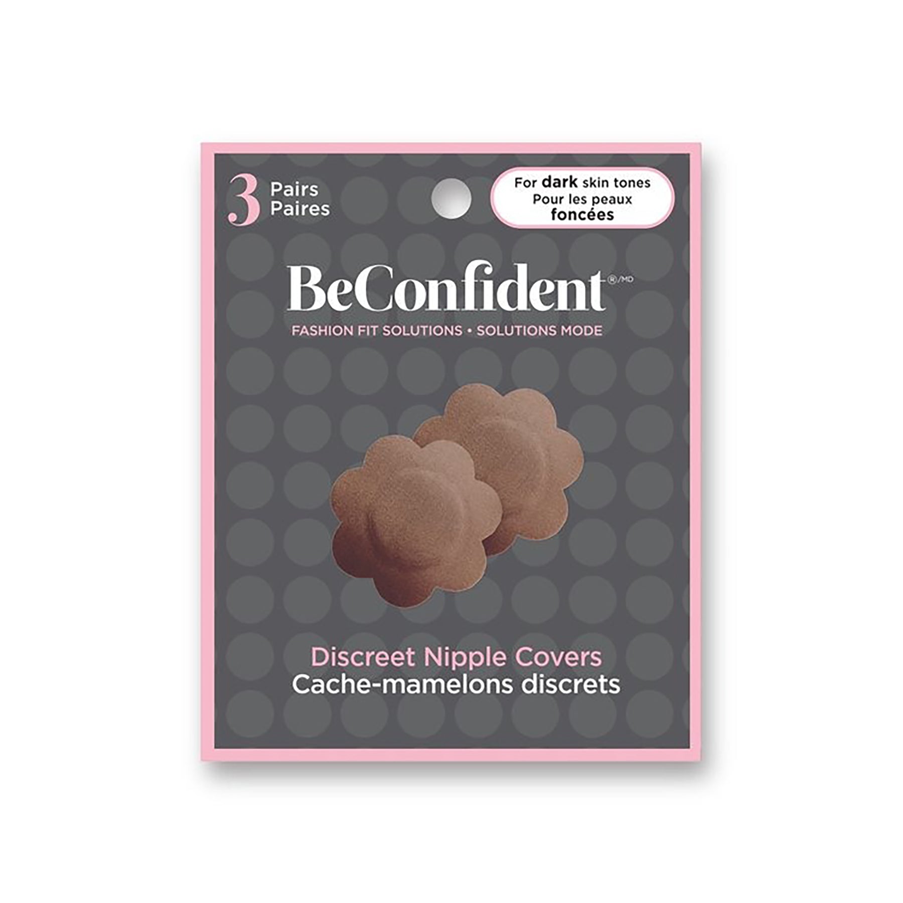 BeConfident nipple cover petals for dark skin tones front view of package