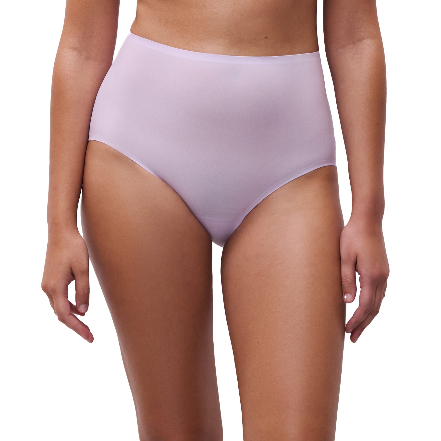 A model wearing a lavender chantelle full brief on the white background, front view.