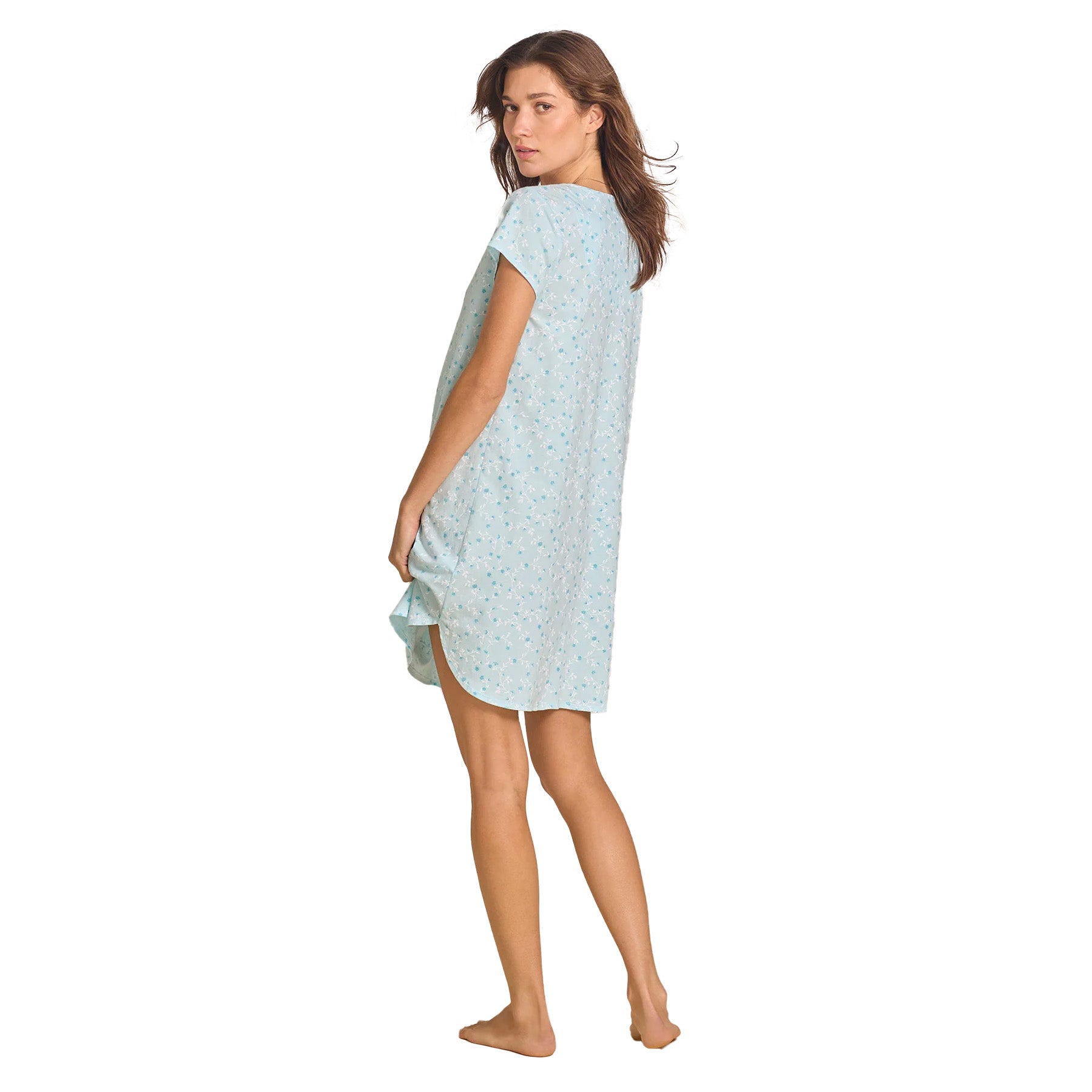 A rear view of the model in the light blue nightgown, highlighting the relaxed fit and gently curved hemline.