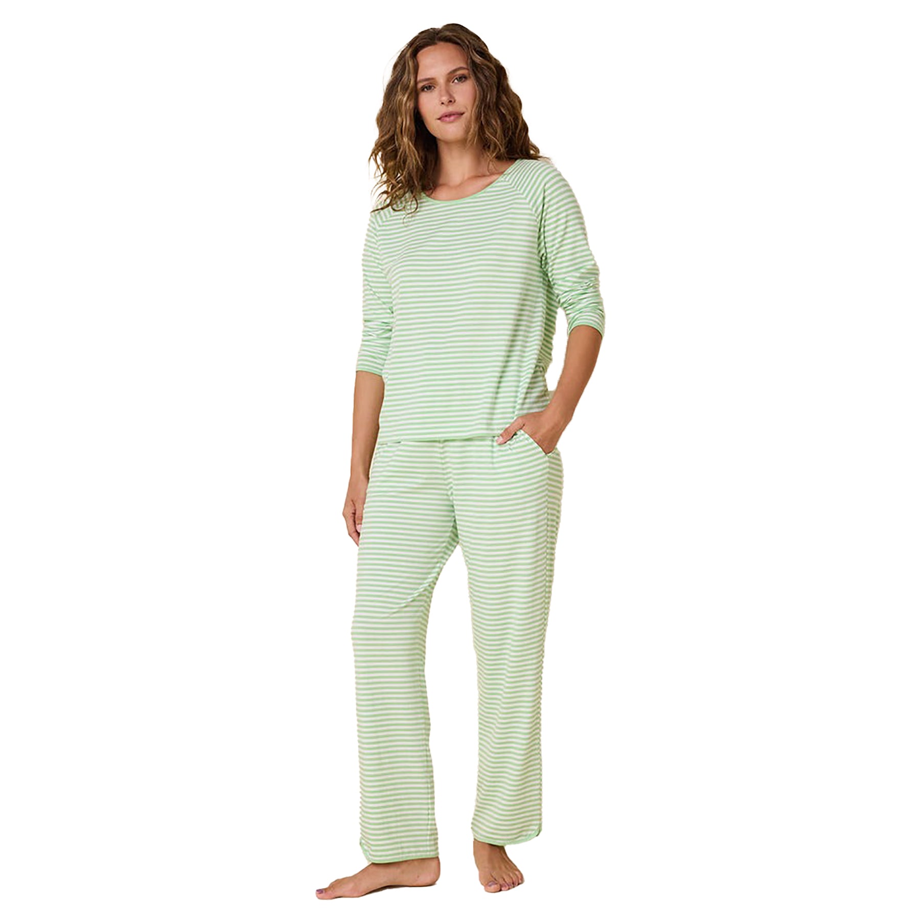 Long sleeve crew neck pj top with matching full length pants in a green stripe on a white background. On model front view.