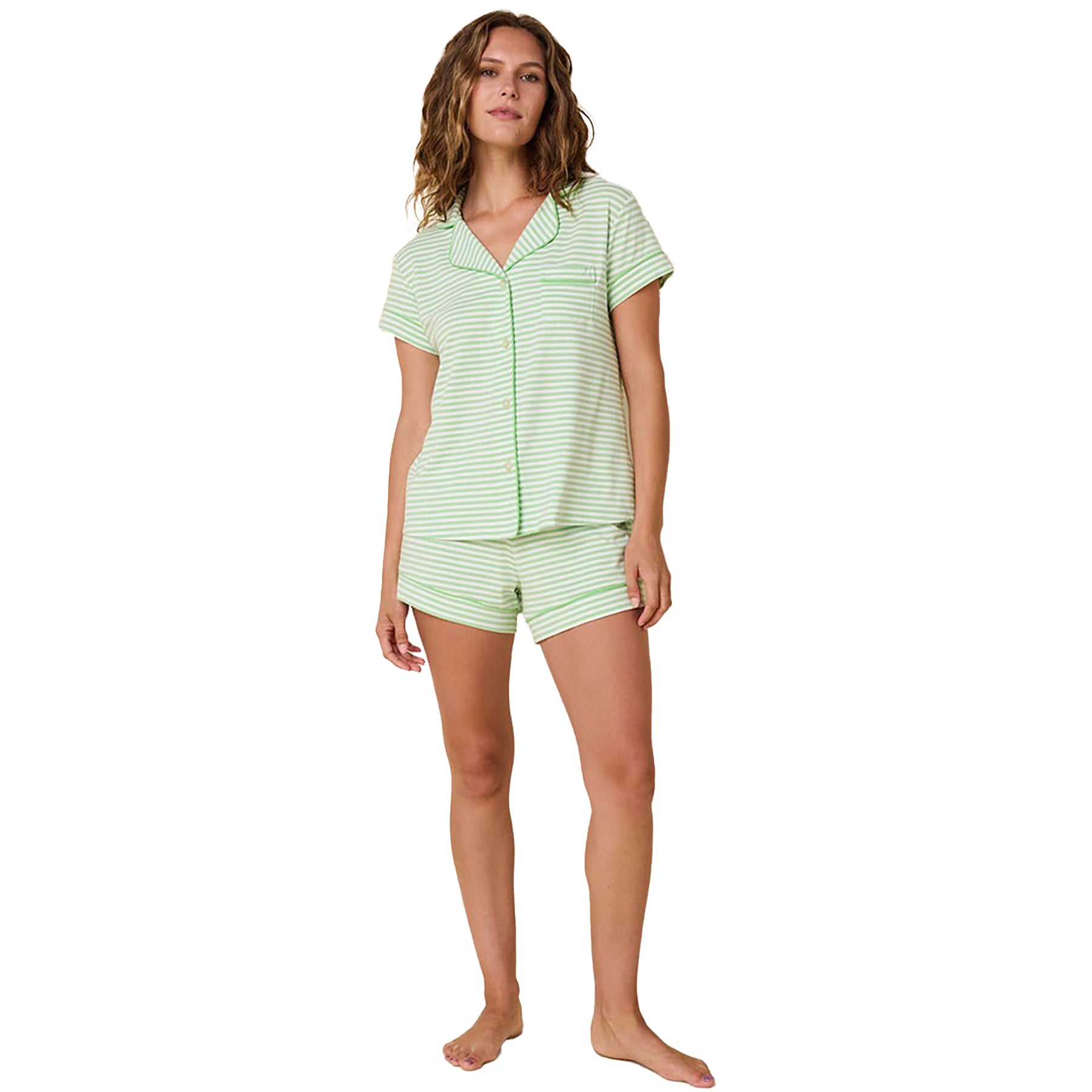 short sleeve button up pj top with matching shorts in a green stripe on a white background. On model front view.