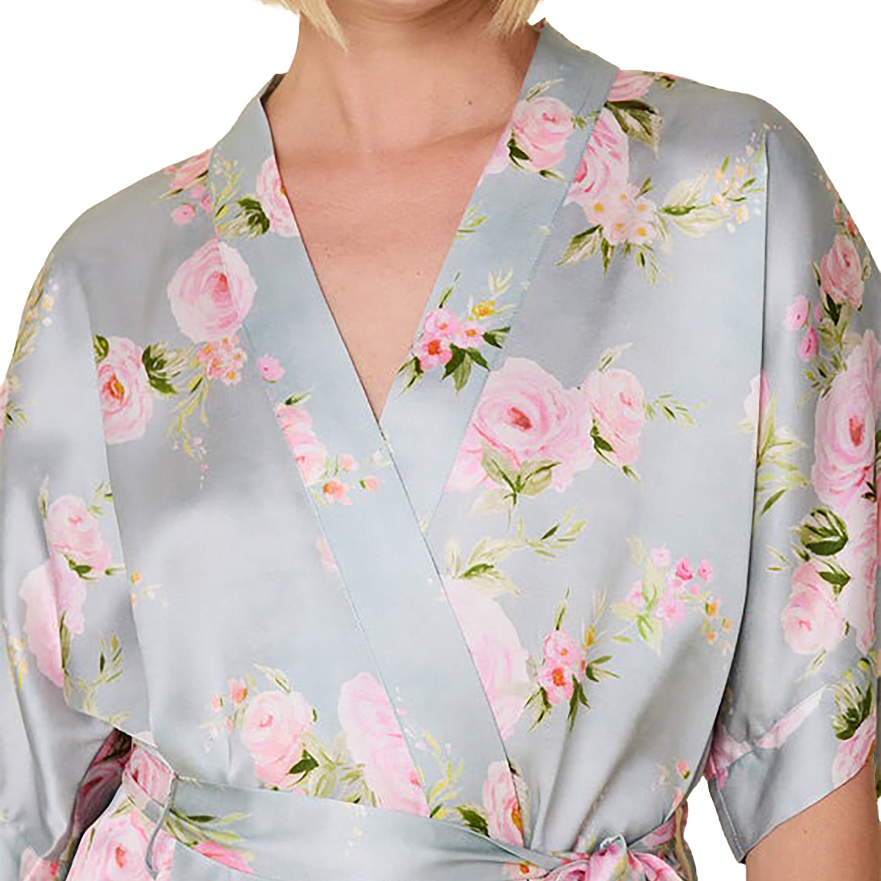 100% silk kimono sleeve short wrap robe in a multicolour floral print on a light blue background. Closeup front view on model.