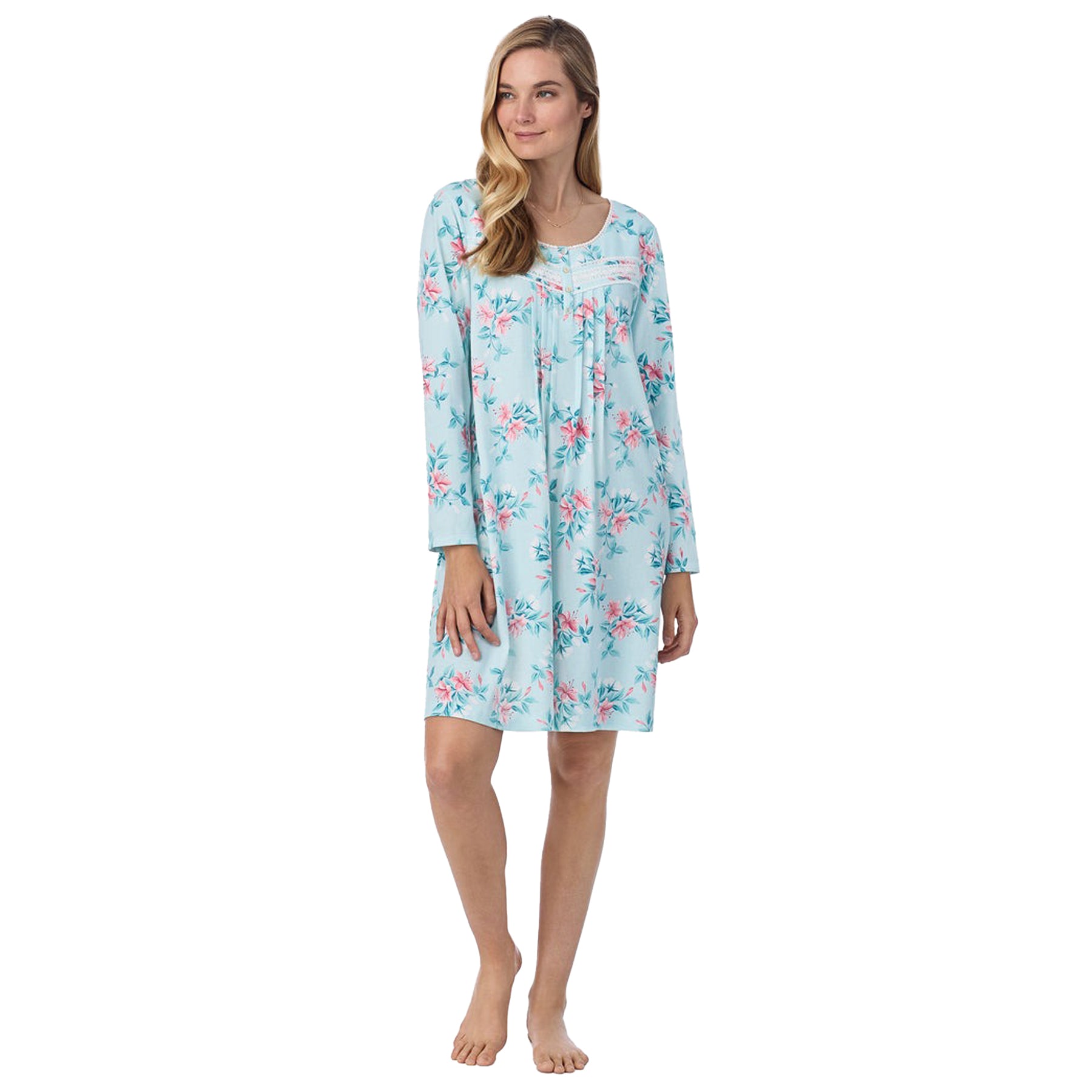 Front view of a women's floral nightshirt in a "teal floral print" print showcasing intricate lace trim and button detailing, fashion photoshoot.