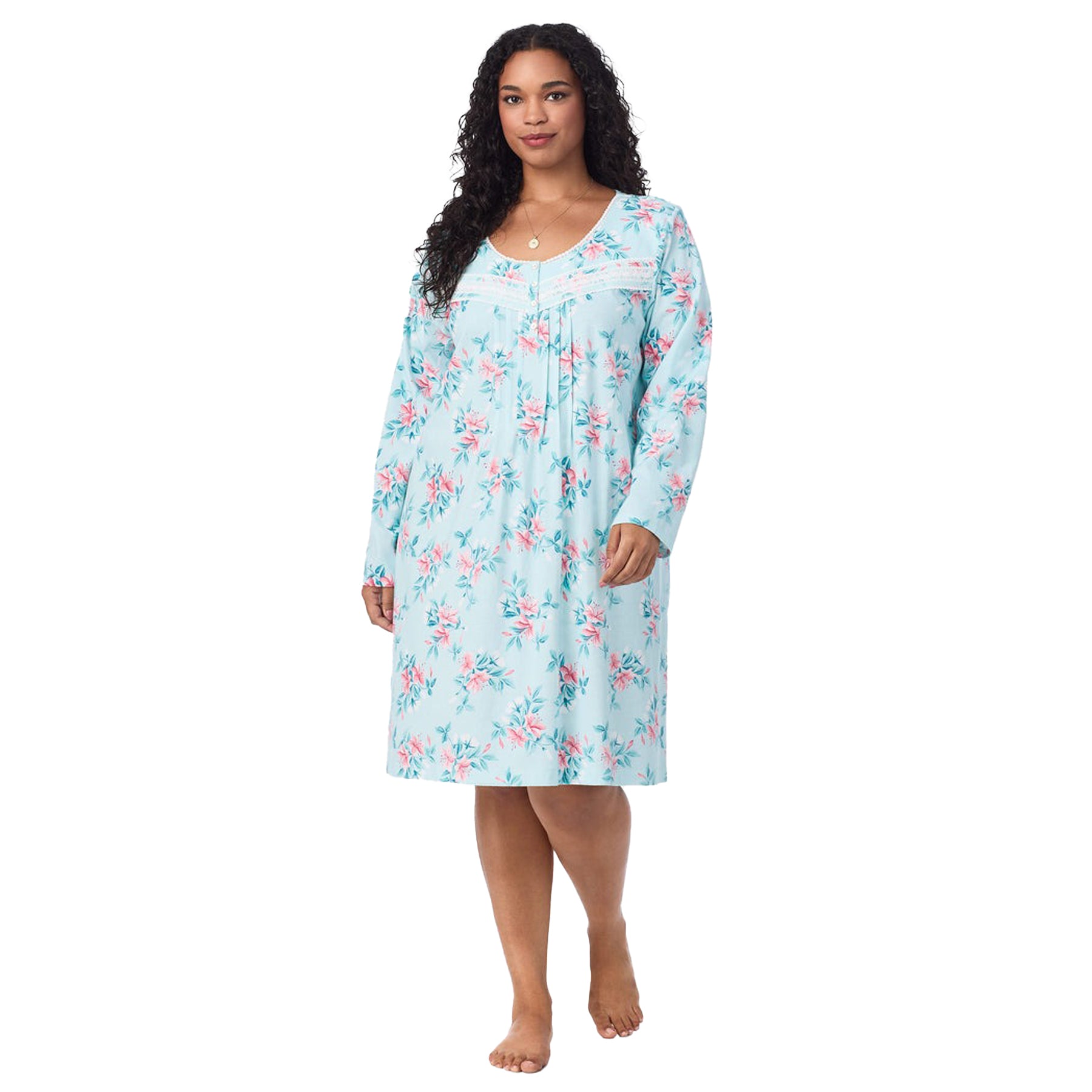 Front view of a women's floral nightshirt in a "teal floral" print showcasing intricate lace trim and button detailing, fashion photoshoot.