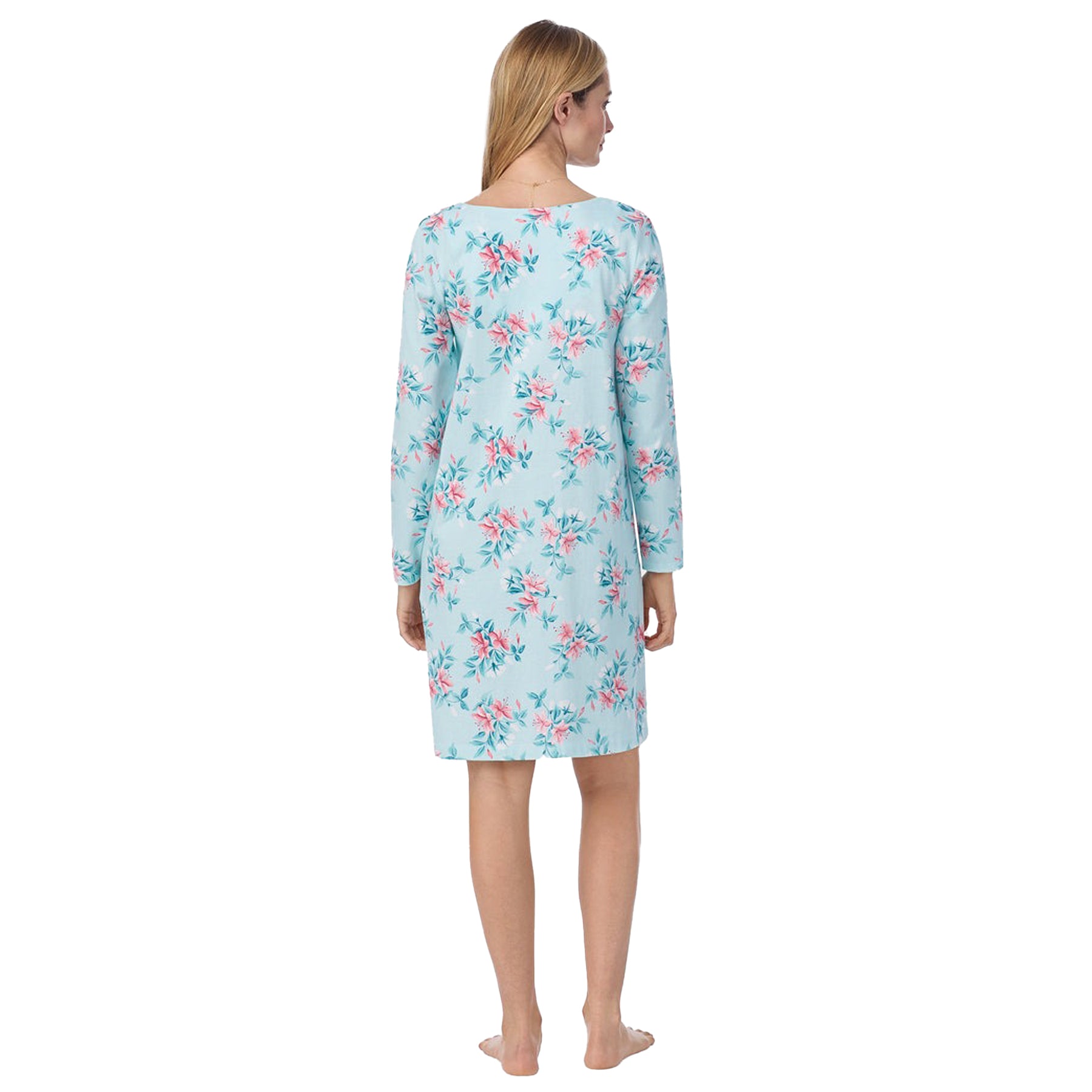 Back view of a women's floral nightshirt in a "teal floral" print showcasing intricate lace trim and button detailing, fashion photoshoot.