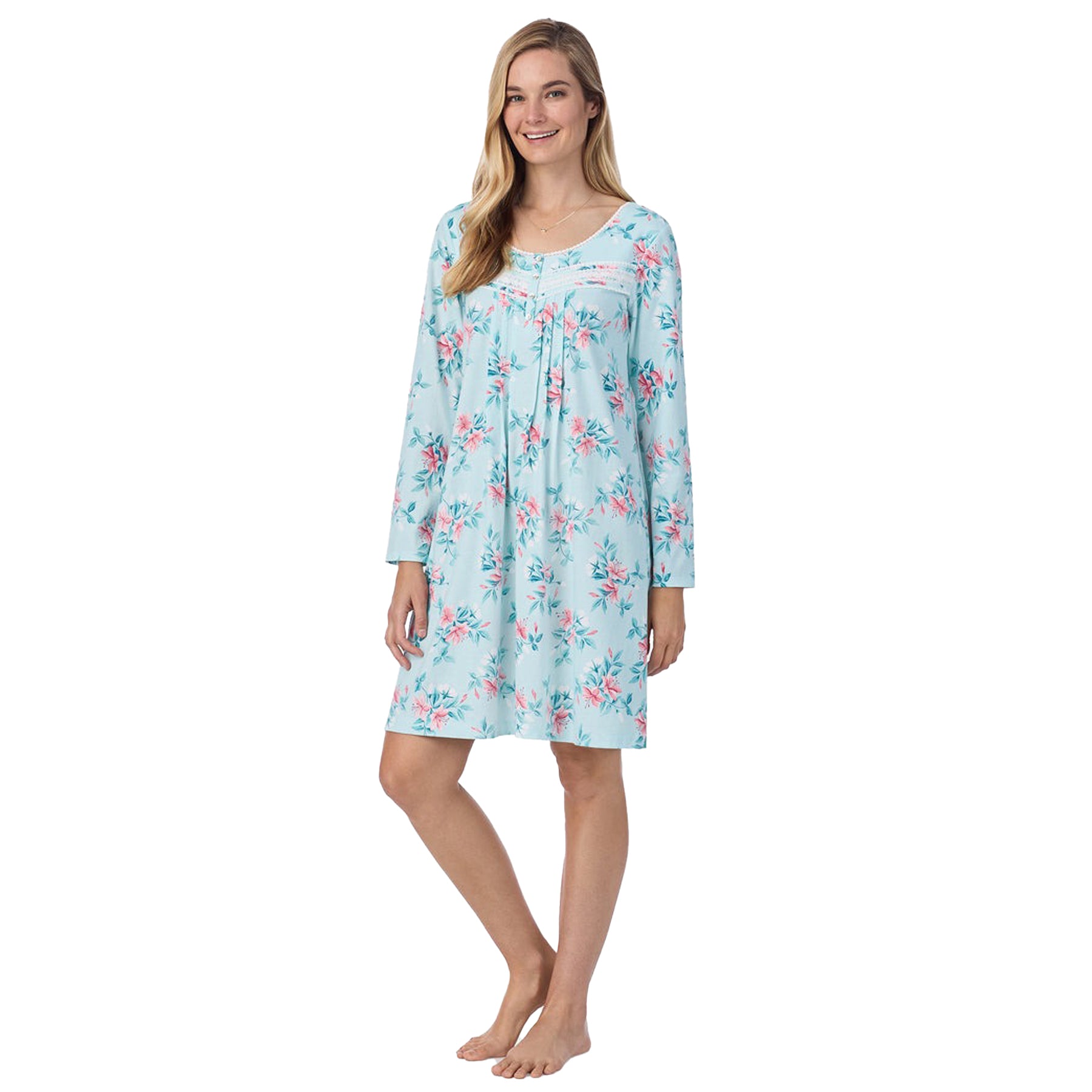 Front view of a women's floral nightshirt in a "teal floral" print showcasing intricate lace trim and button detailing, fashion photoshoot.